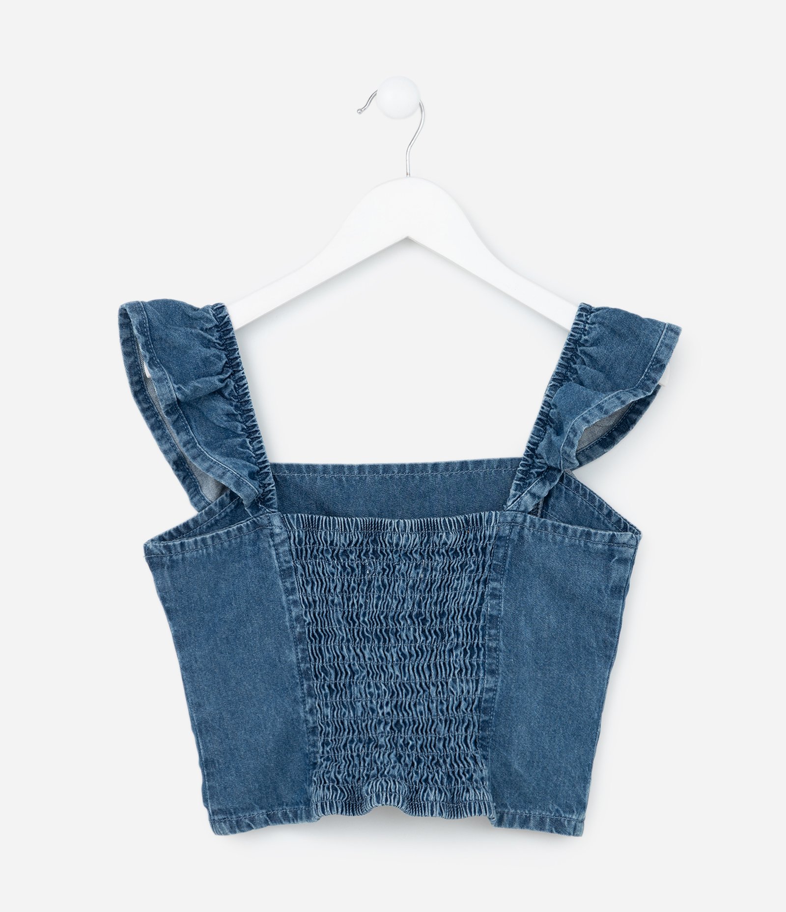 Blusa Cropped Infantil em Jeans com Babados - Tam 5 a 14 Anos Azul 2