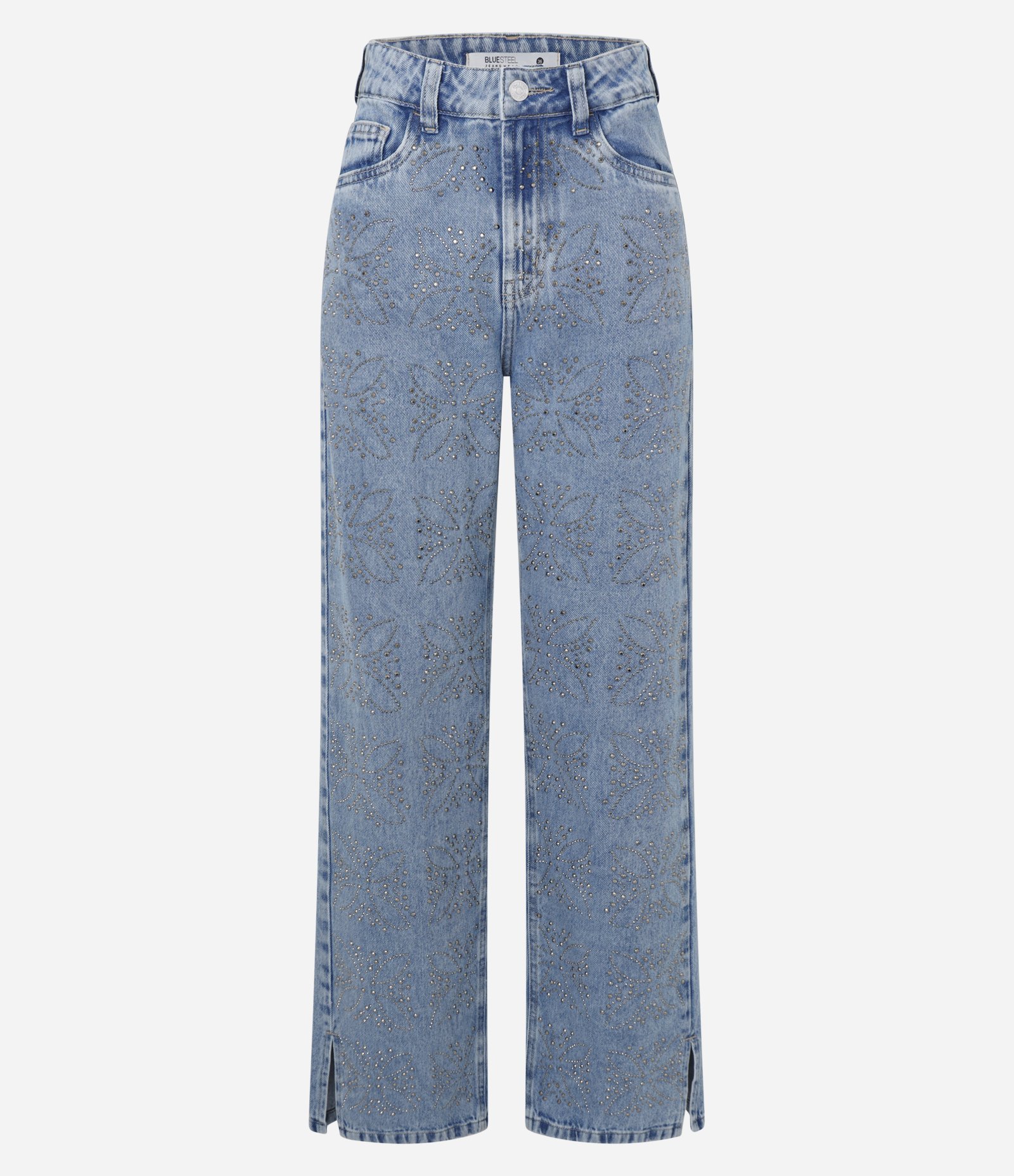 Calça Reta em Jeans com Flores de Brilhos Aplicados Azul 5