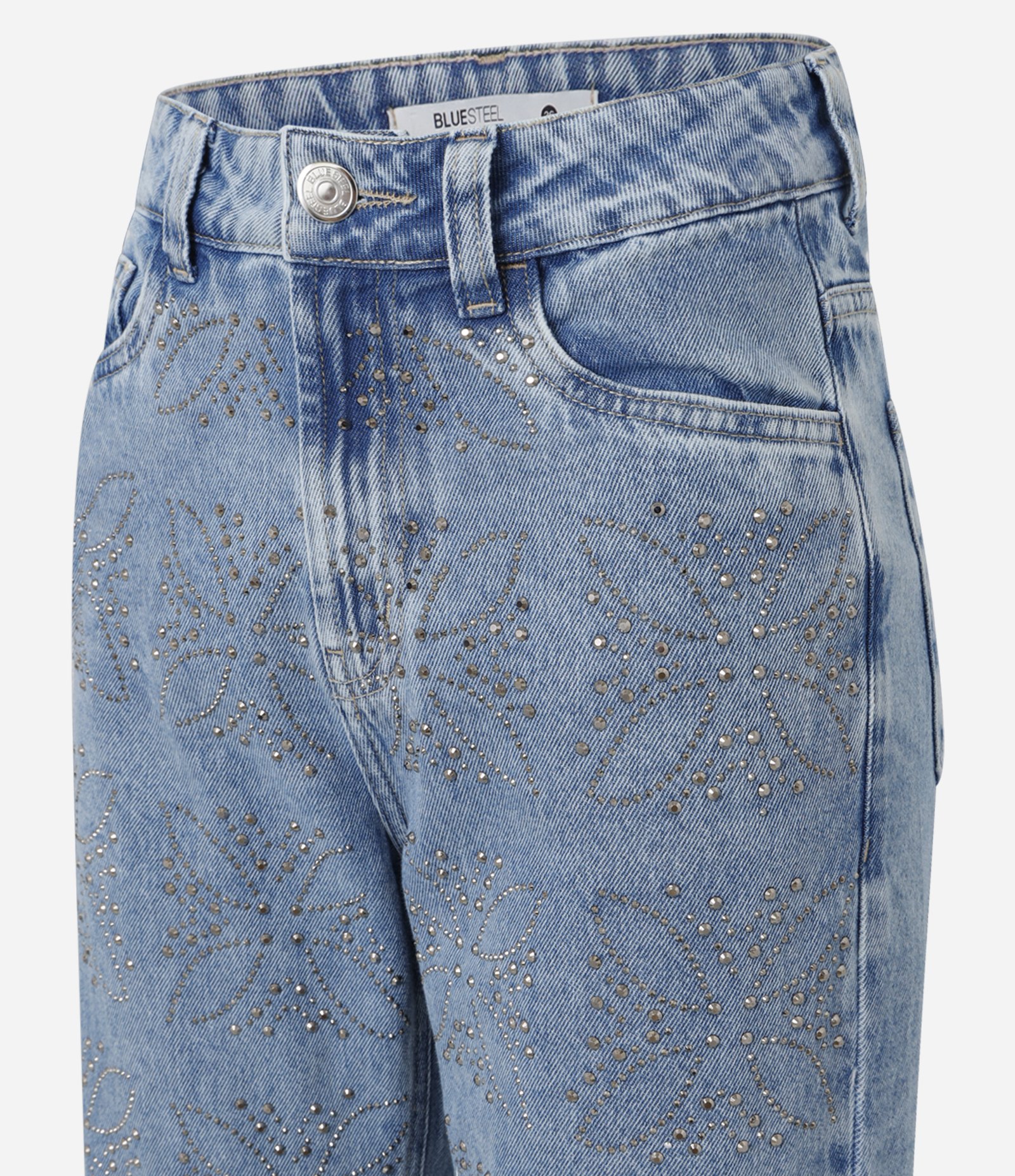 Calça Reta em Jeans com Flores de Brilhos Aplicados Azul 6