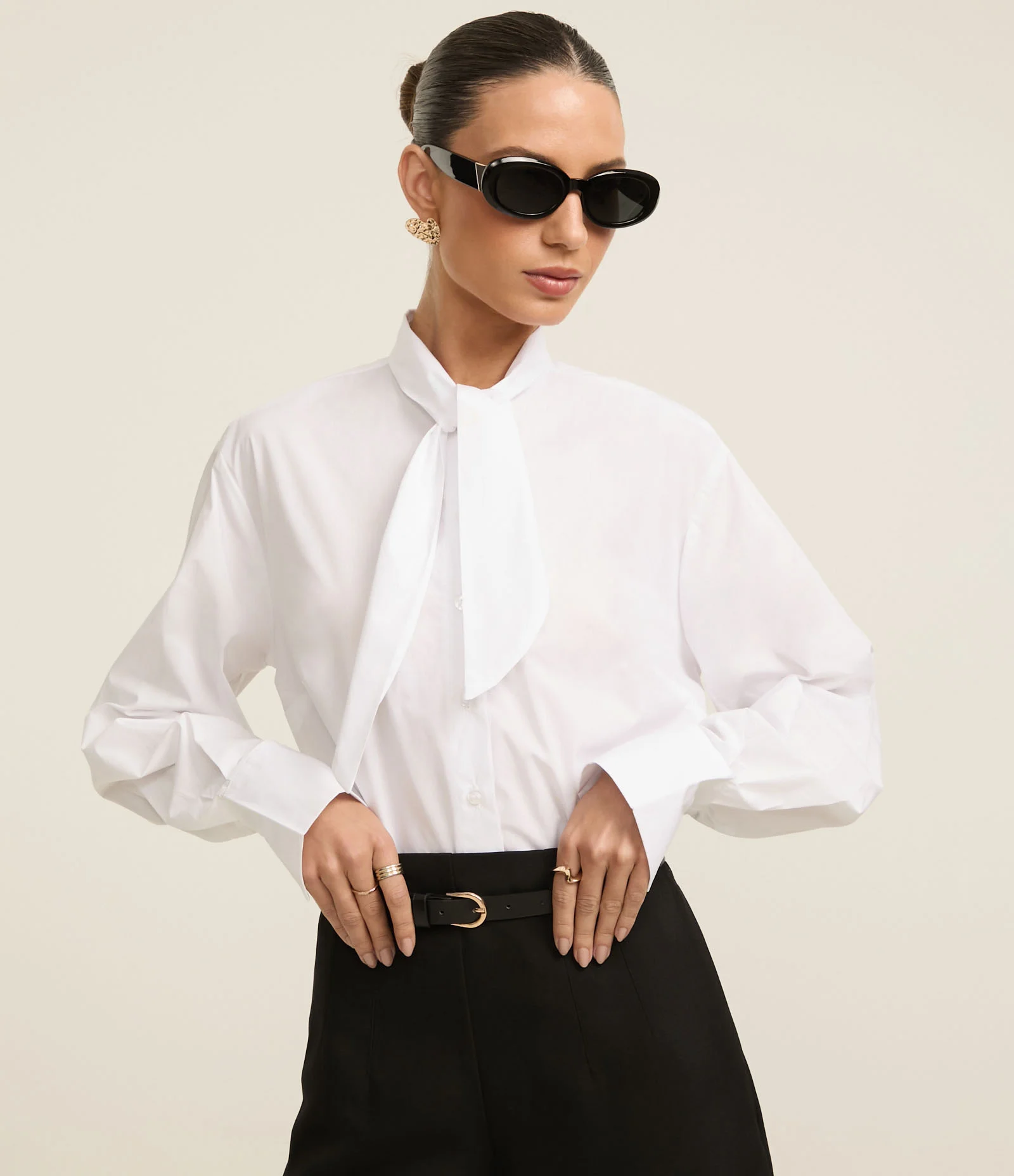 Camisa em Tricoline com com Gola Laço e Punho Largo Branco 1