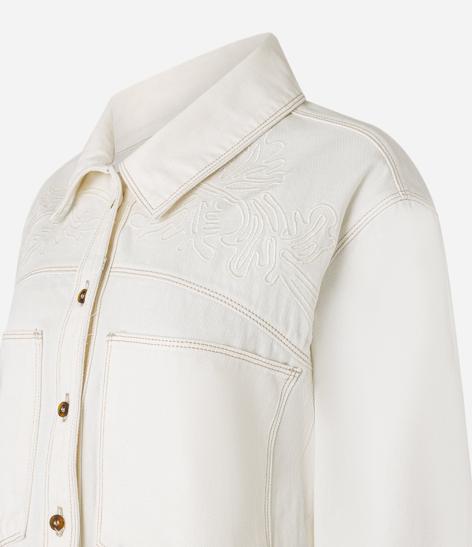 Camisa Overshirt em Sarja com Bordado Floral e Bolsos Branco 6