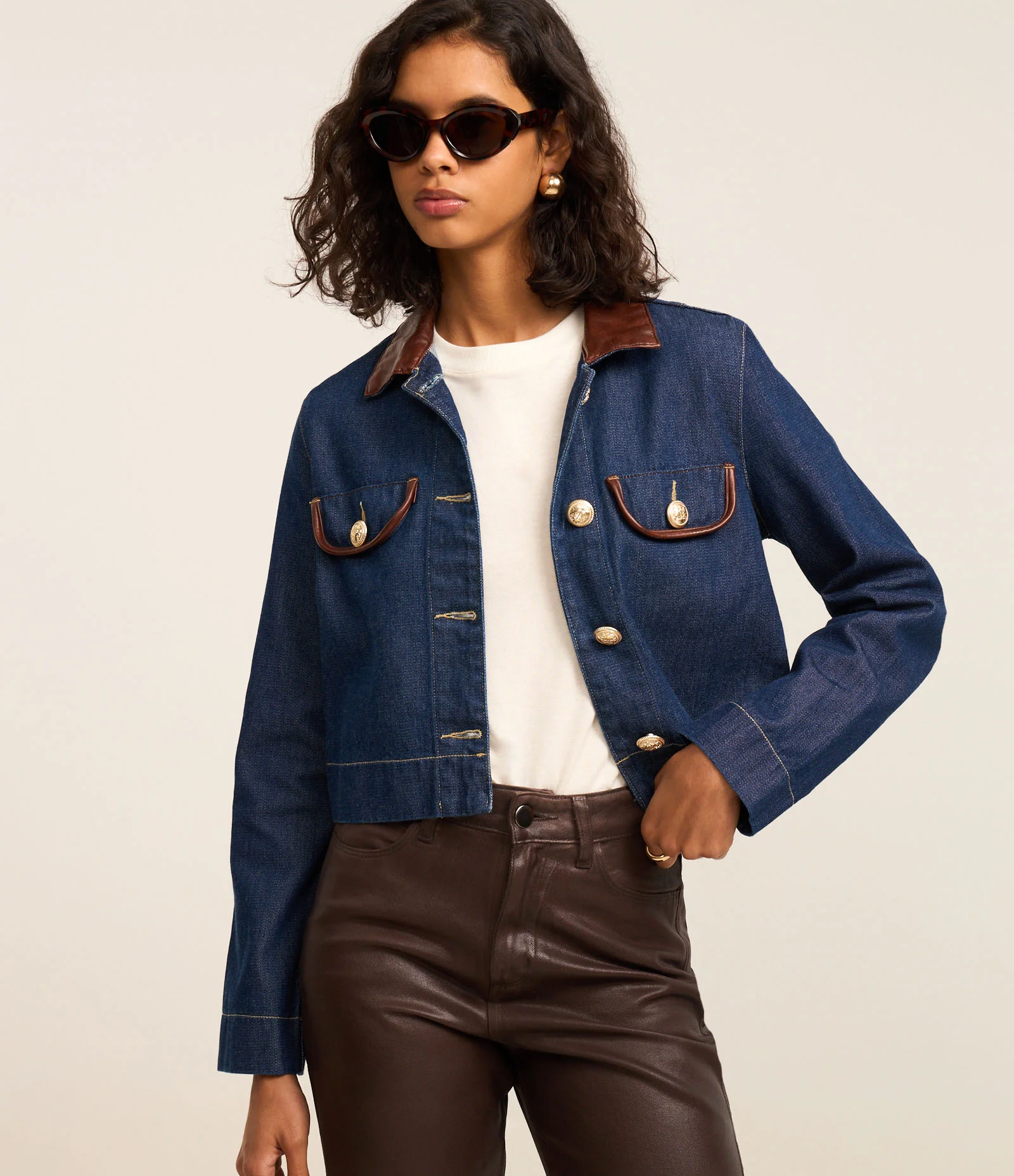 Jaqueta Regular em Jeans com Gola de PU Azul 1