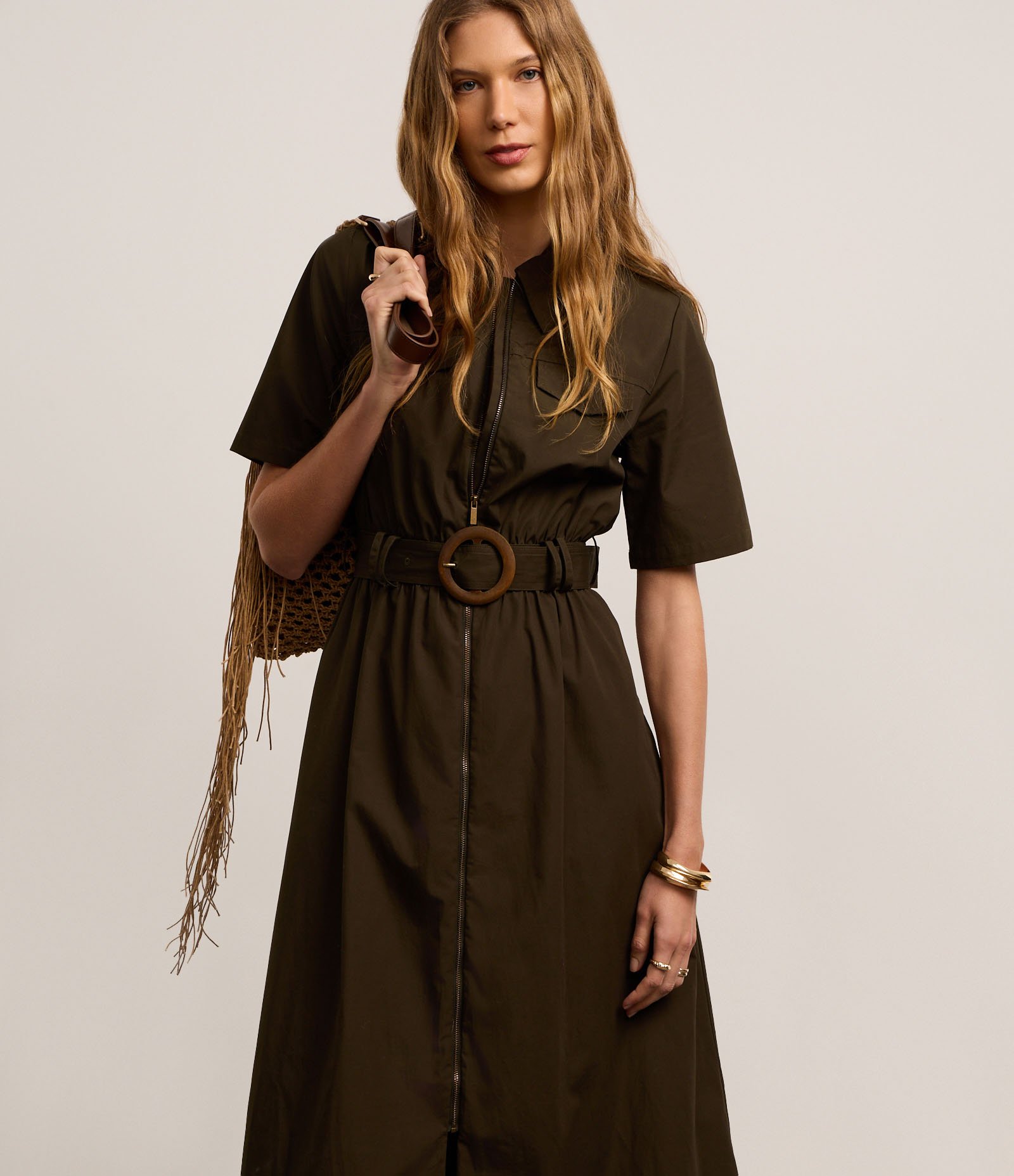 Vestido Longo em Tricoline com Cinto Fivela Redonda Verde Escuro 2