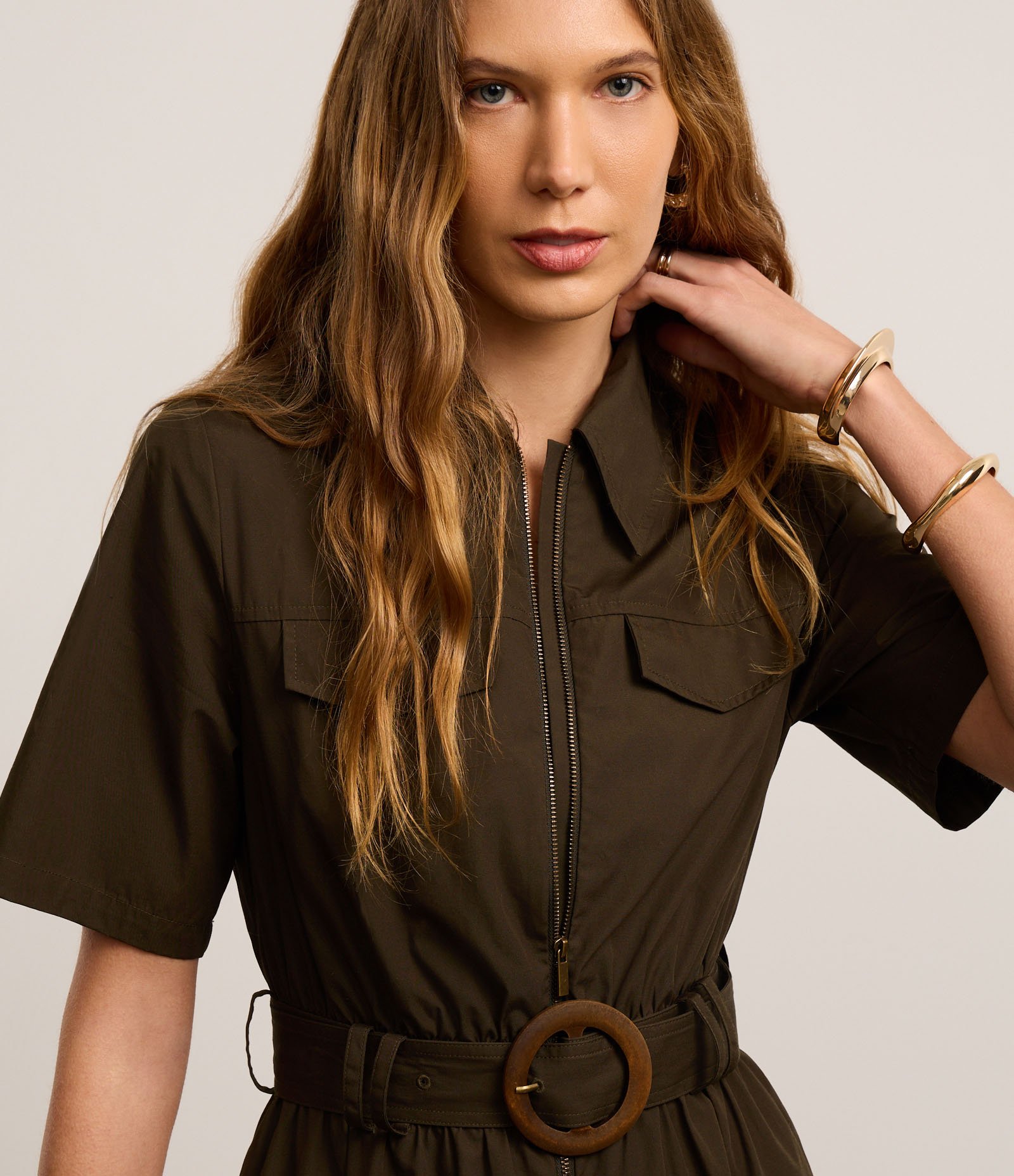 Vestido Longo em Tricoline com Cinto Fivela Redonda Verde Escuro 3