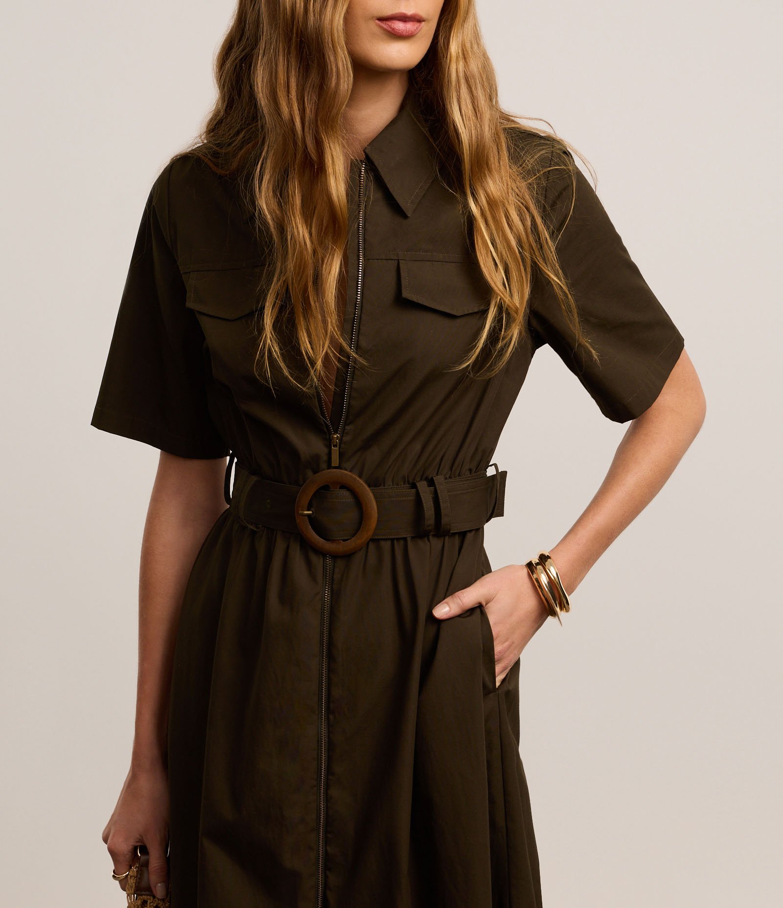 Vestido Longo em Tricoline com Cinto Fivela Redonda Verde Escuro 4