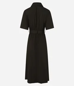 Vestido Longo em Tricoline com Cinto Fivela Redonda