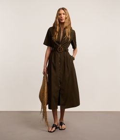 Vestido Longo em Tricoline com Cinto Fivela Redonda