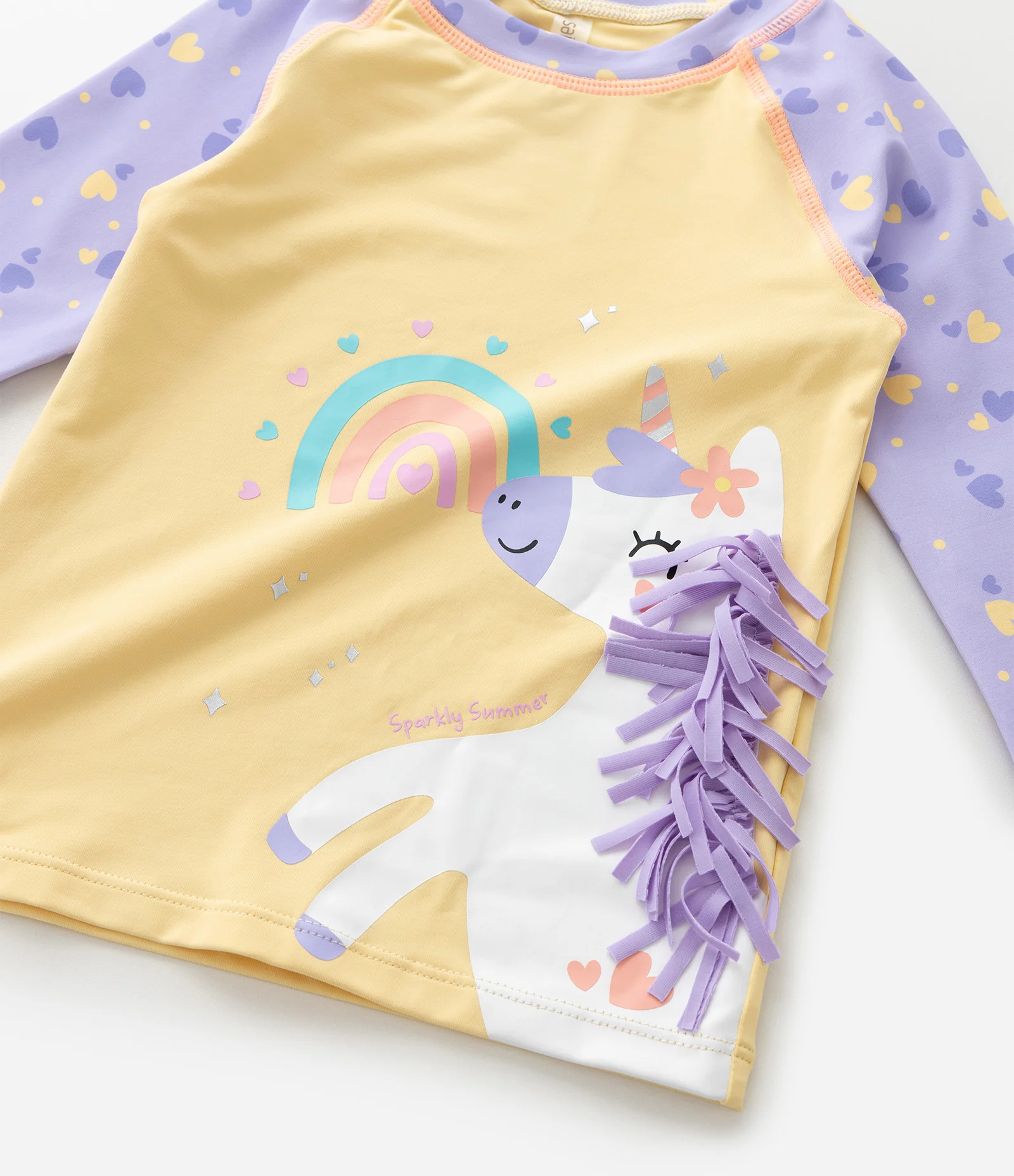 Conjunto Infantil com Proteção UV e Estampa de Unicórnio e Corações - Tam 6 Messe a 4 Anos Amarelo/Roxo 10
