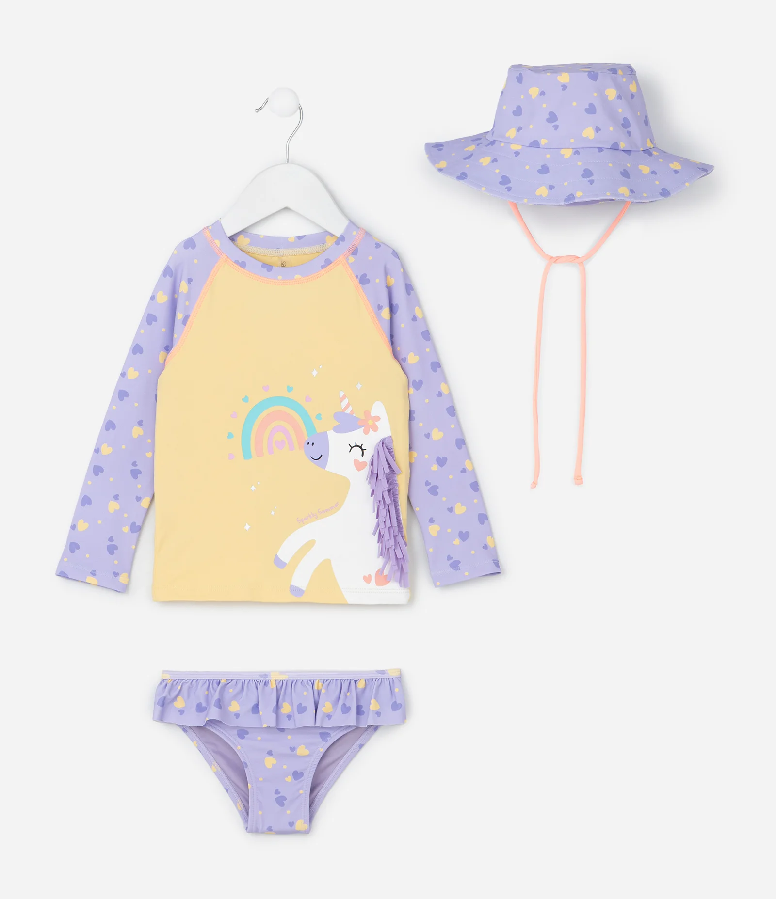 Conjunto Infantil com Proteção UV e Estampa de Unicórnio e Corações - Tam 6 Messe a 4 Anos Amarelo/Roxo 1