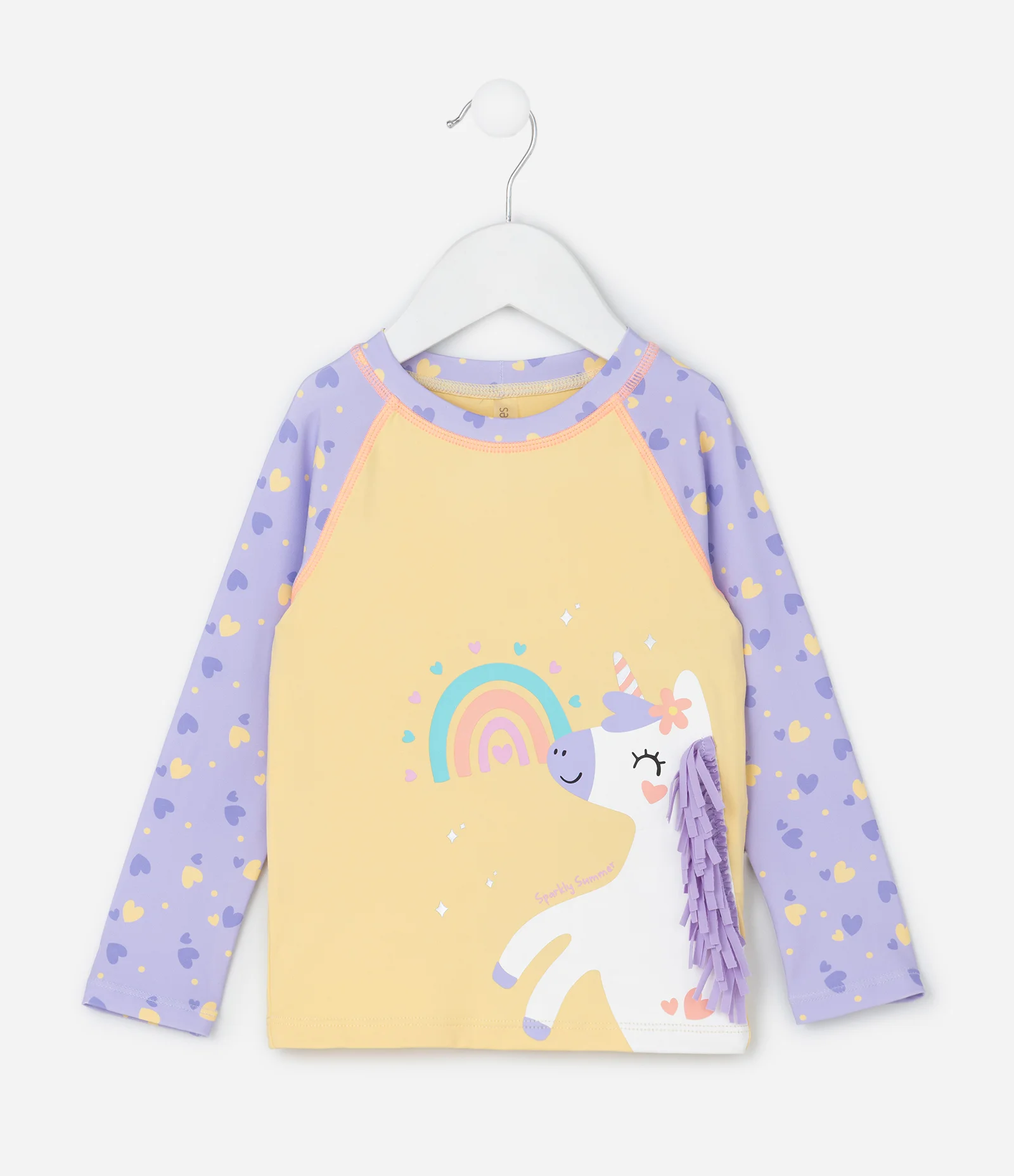 Conjunto Infantil com Proteção UV e Estampa de Unicórnio e Corações - Tam 6 Messe a 4 Anos Amarelo/Roxo 2