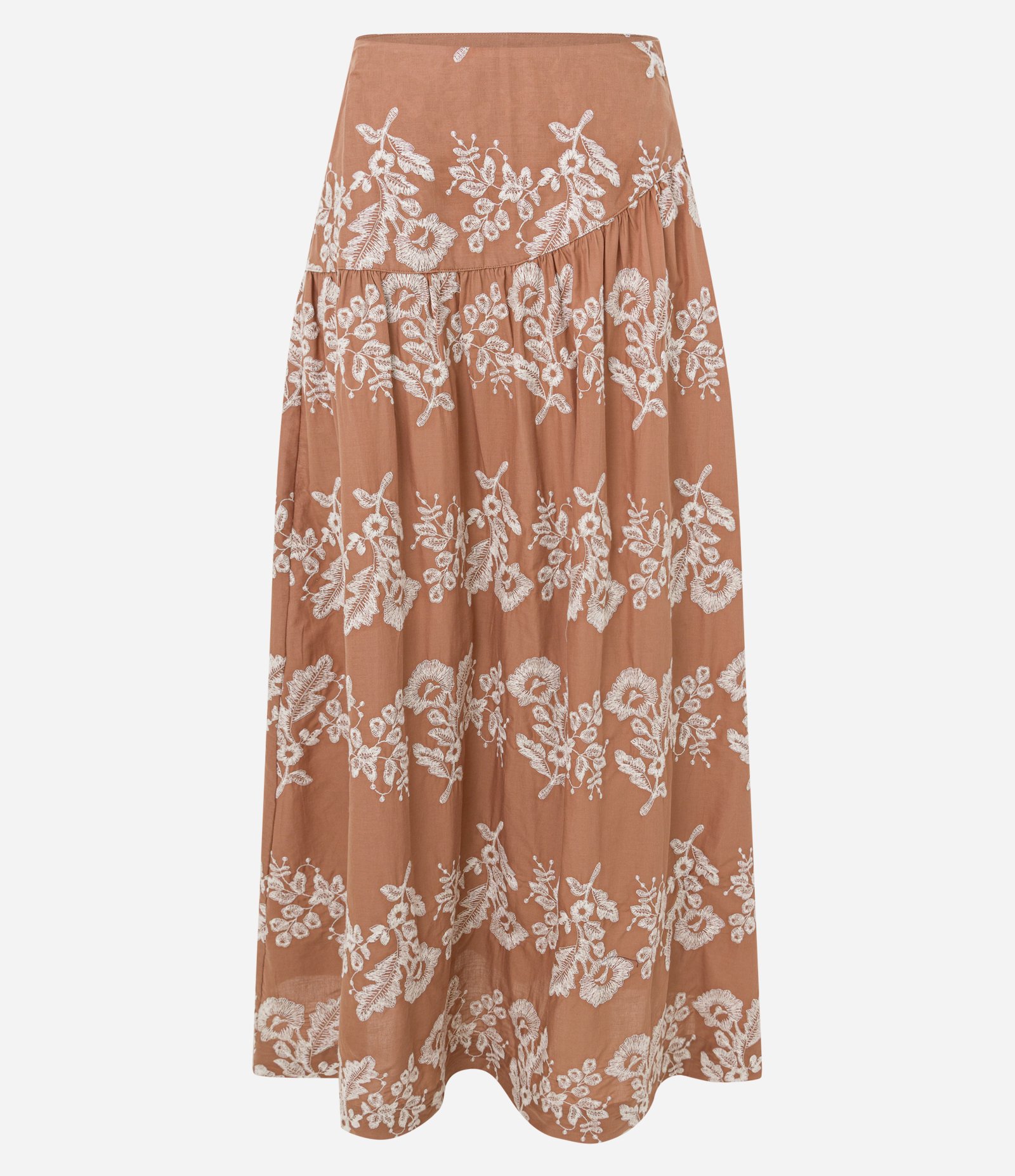 Saia Boho Evasê Midi em Voal com Bordado Folhagem Marrom 6