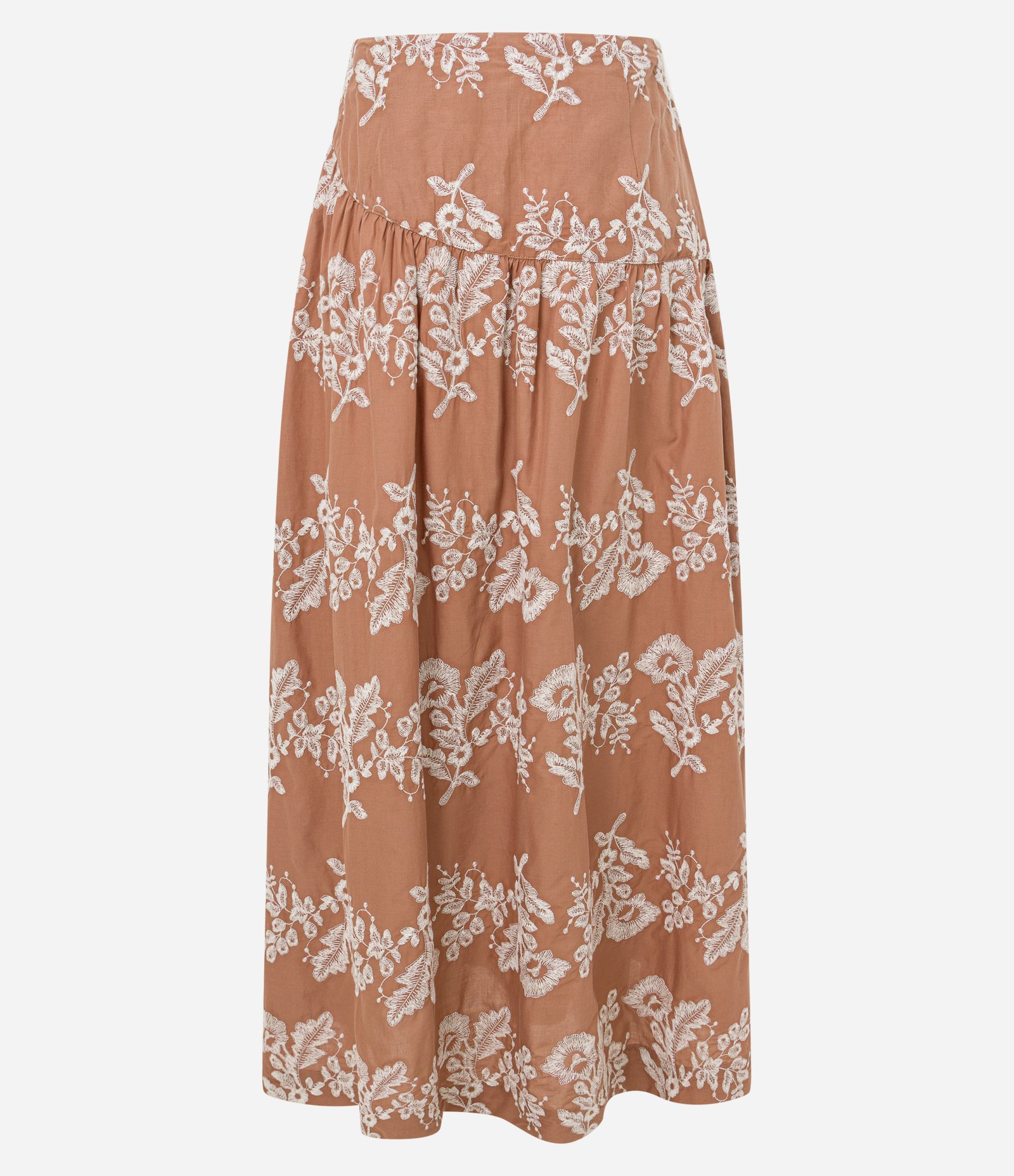 Saia Boho Evasê Midi em Voal com Bordado Folhagem Marrom 8