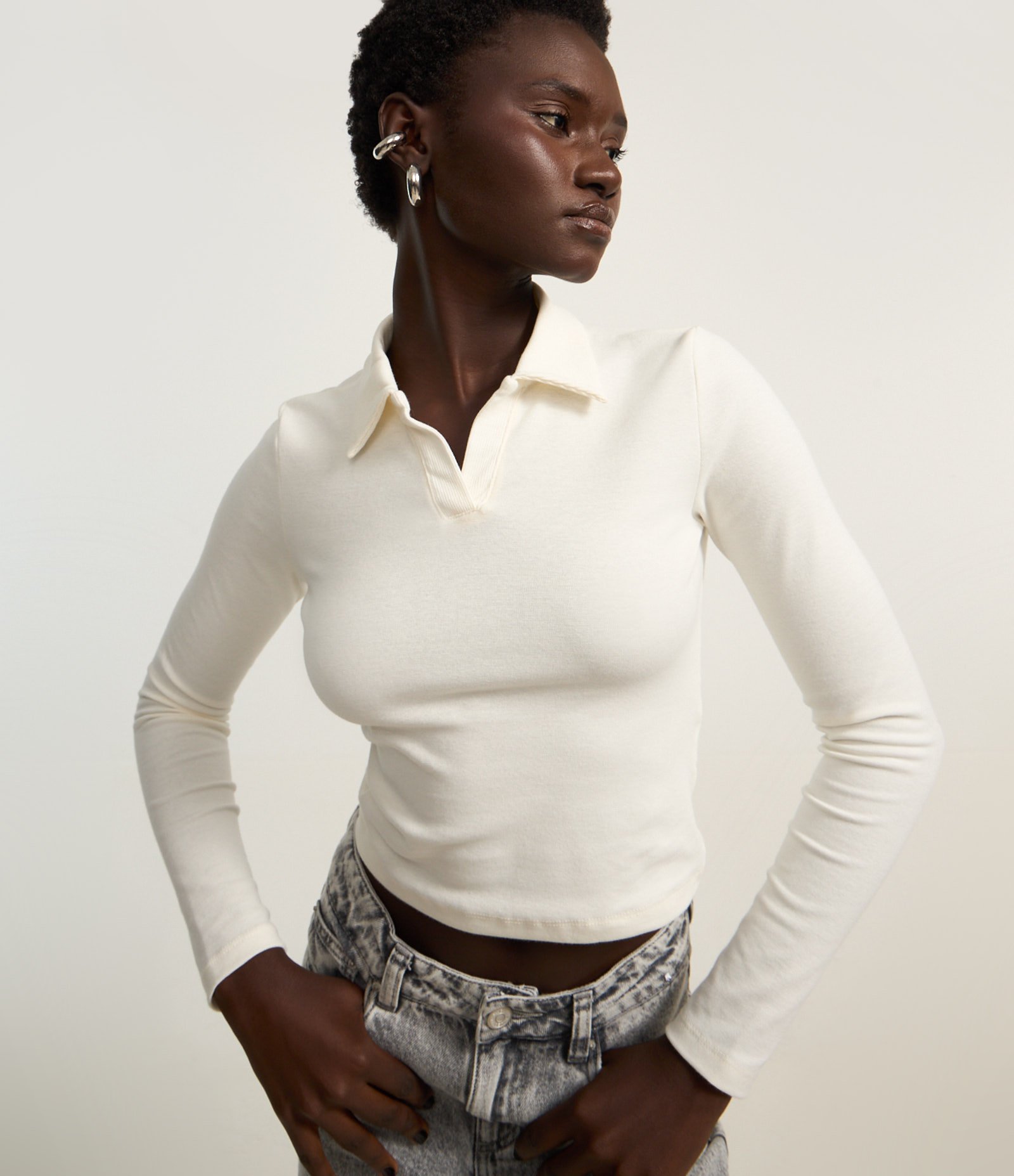 Blusa Polo em Ribana de Algodão com Mangas Longas Branco 1