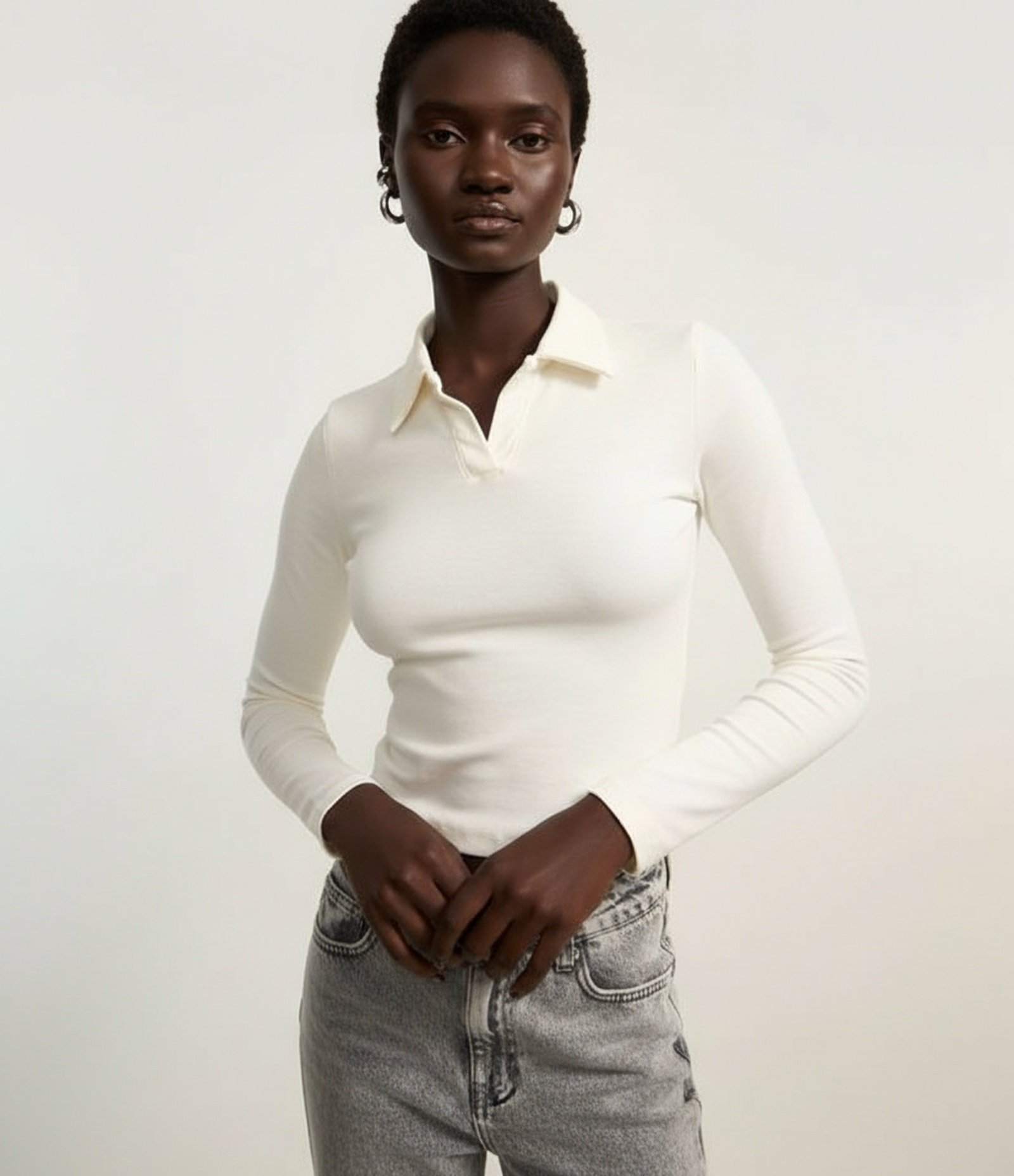 Blusa Polo em Ribana de Algodão com Mangas Longas Branco 4