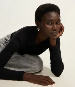 Blusa Polo em Ribana de Algodão com Mangas Longas