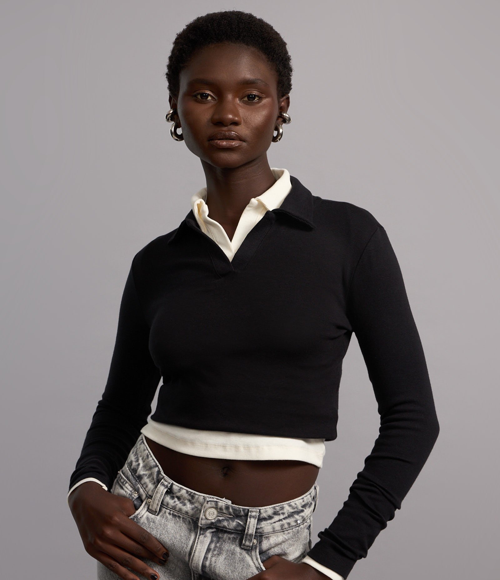 Blusa Polo em Ribana de Algodão com Mangas Longas Preto 3