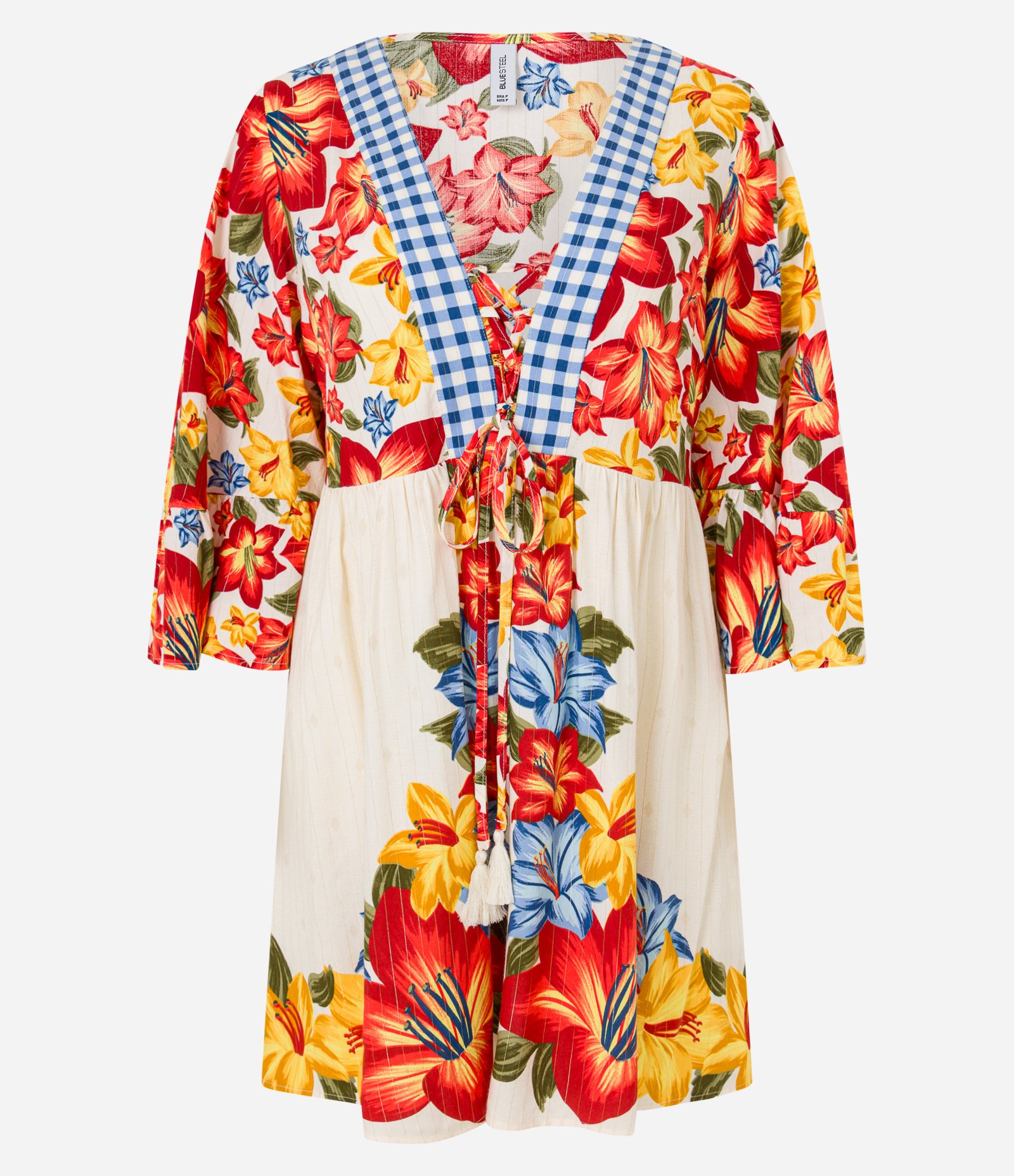 Vestido Curto em Viscose Floral com Manga 
3/4 Bege 5