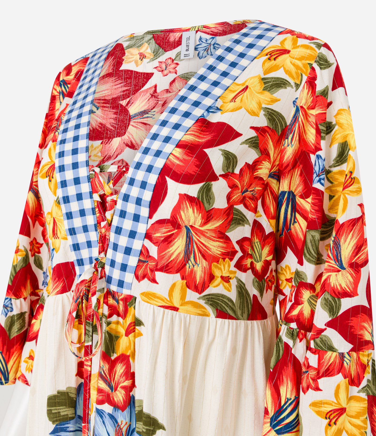 Vestido Curto em Viscose Floral com Manga 
3/4 Bege 6