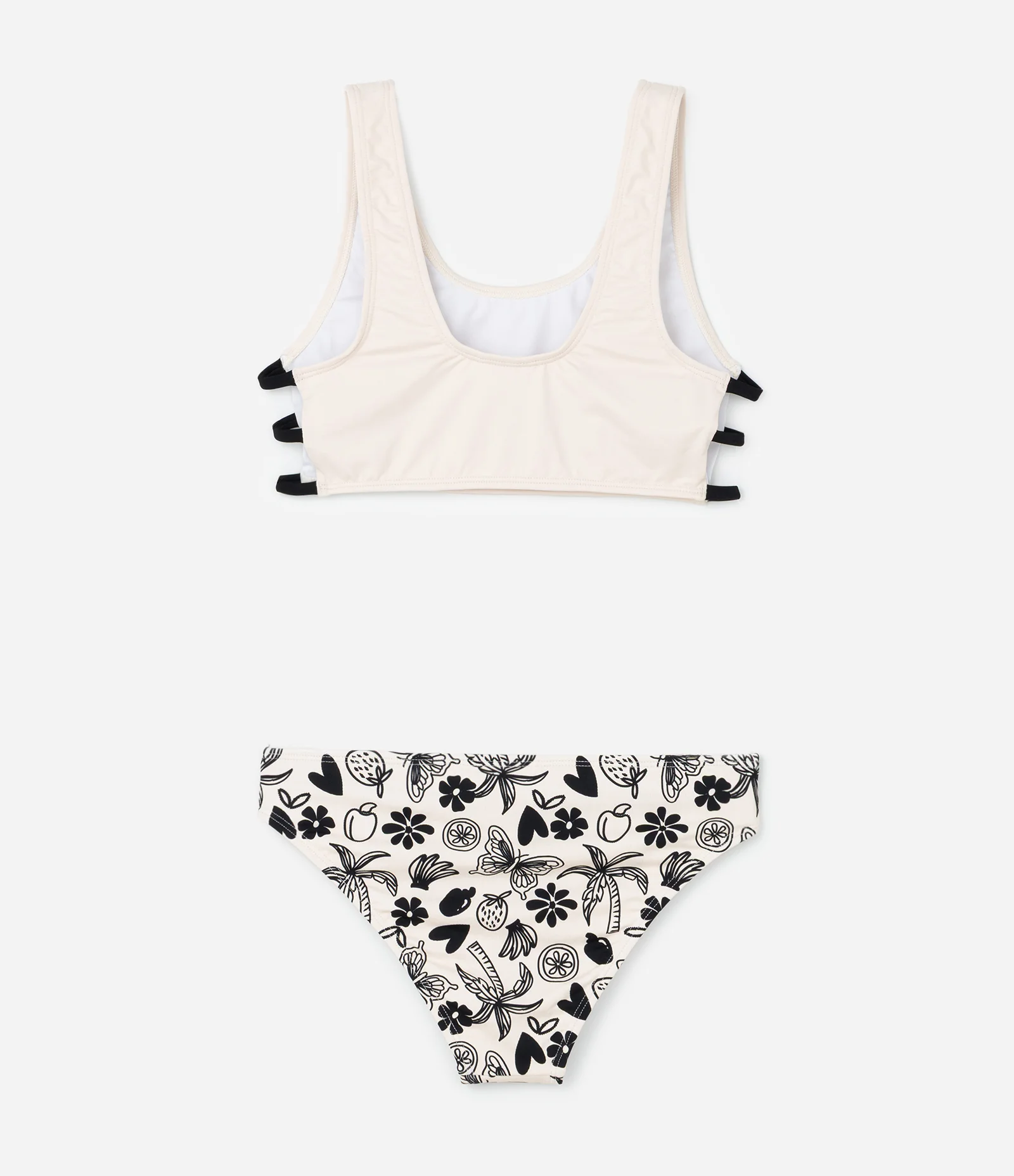 Biquíni Infantil com Tiras Laterais e Estampa Tropical - Tam 5 a 14 Anos Bege/Preto 2