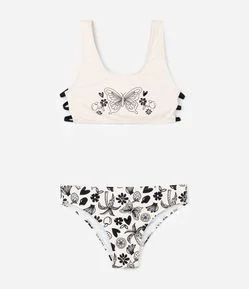 Biquíni Infantil com Tiras Laterais e Estampa Tropical - Tam 5 a 14 Anos