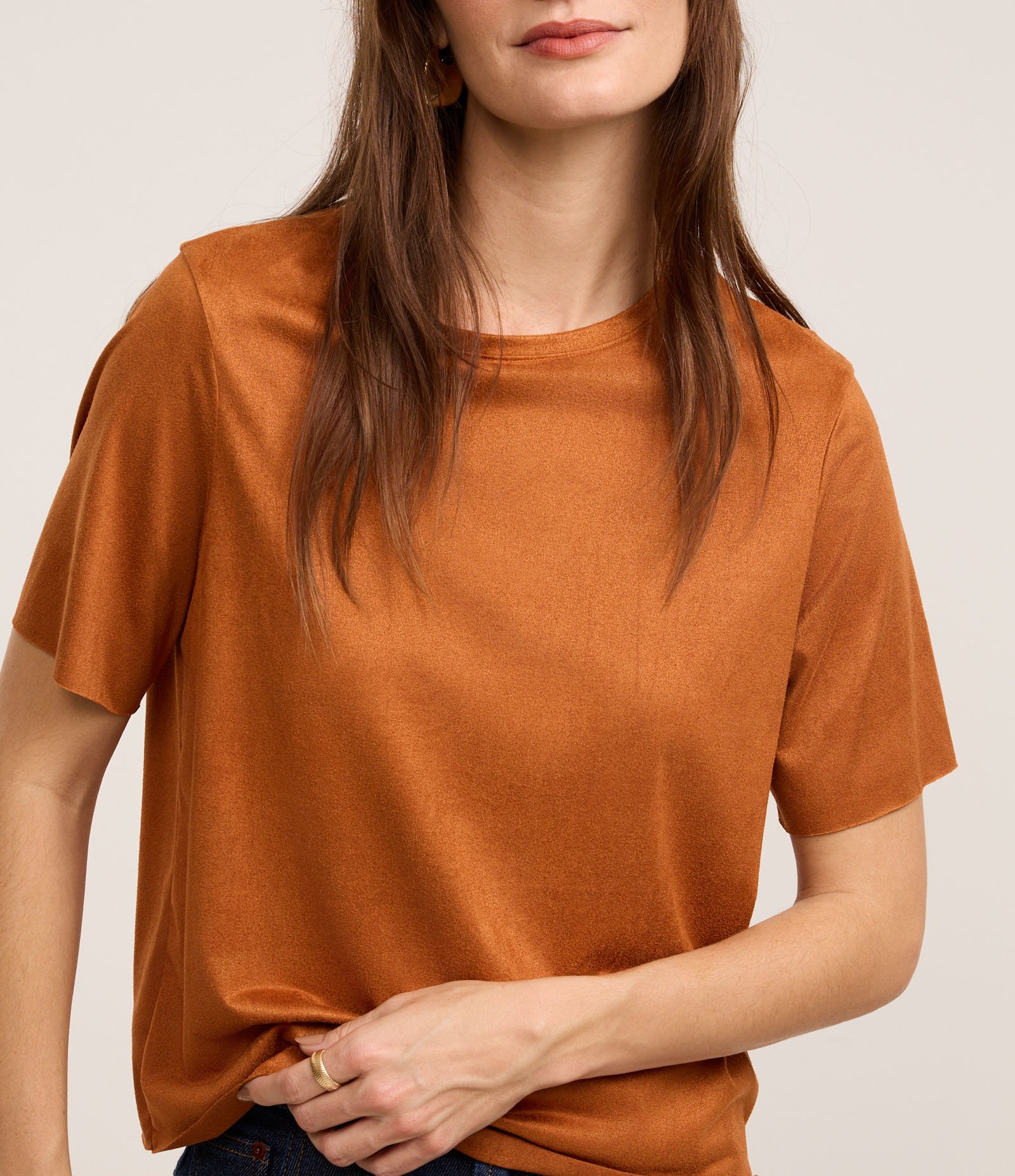 Blusa em Suede com Gola Redonda e Manga Curta Laranja 1