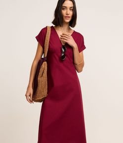 Vestido Evasê Midi em Tricoline com Manga Dobrada