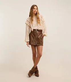 Short Saia Boho em PU com Zíper Tratorado