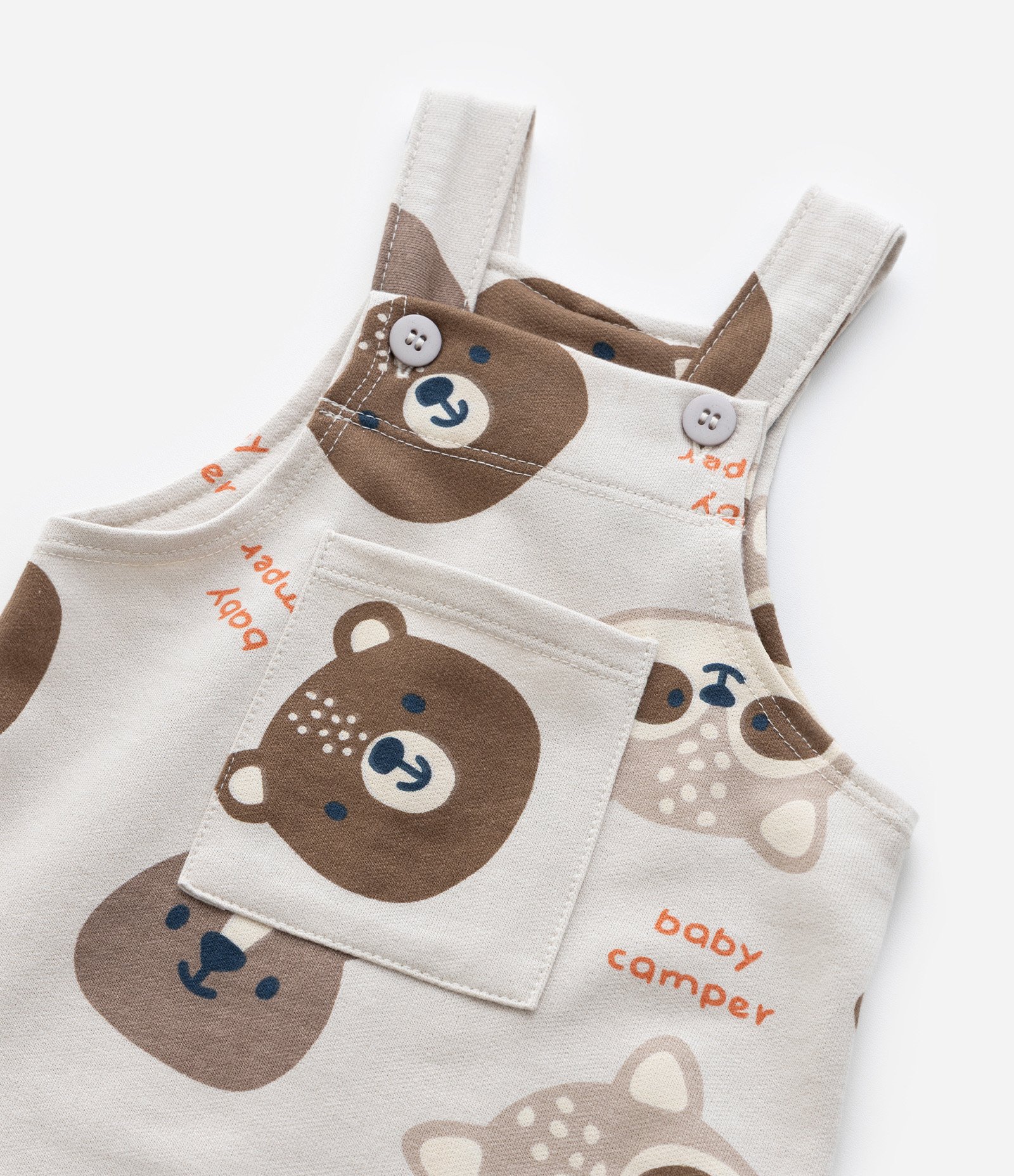Jardineira Infantil com Bolso e Estampa Bichinhos - Tam 0 a 8 meses Bege 6