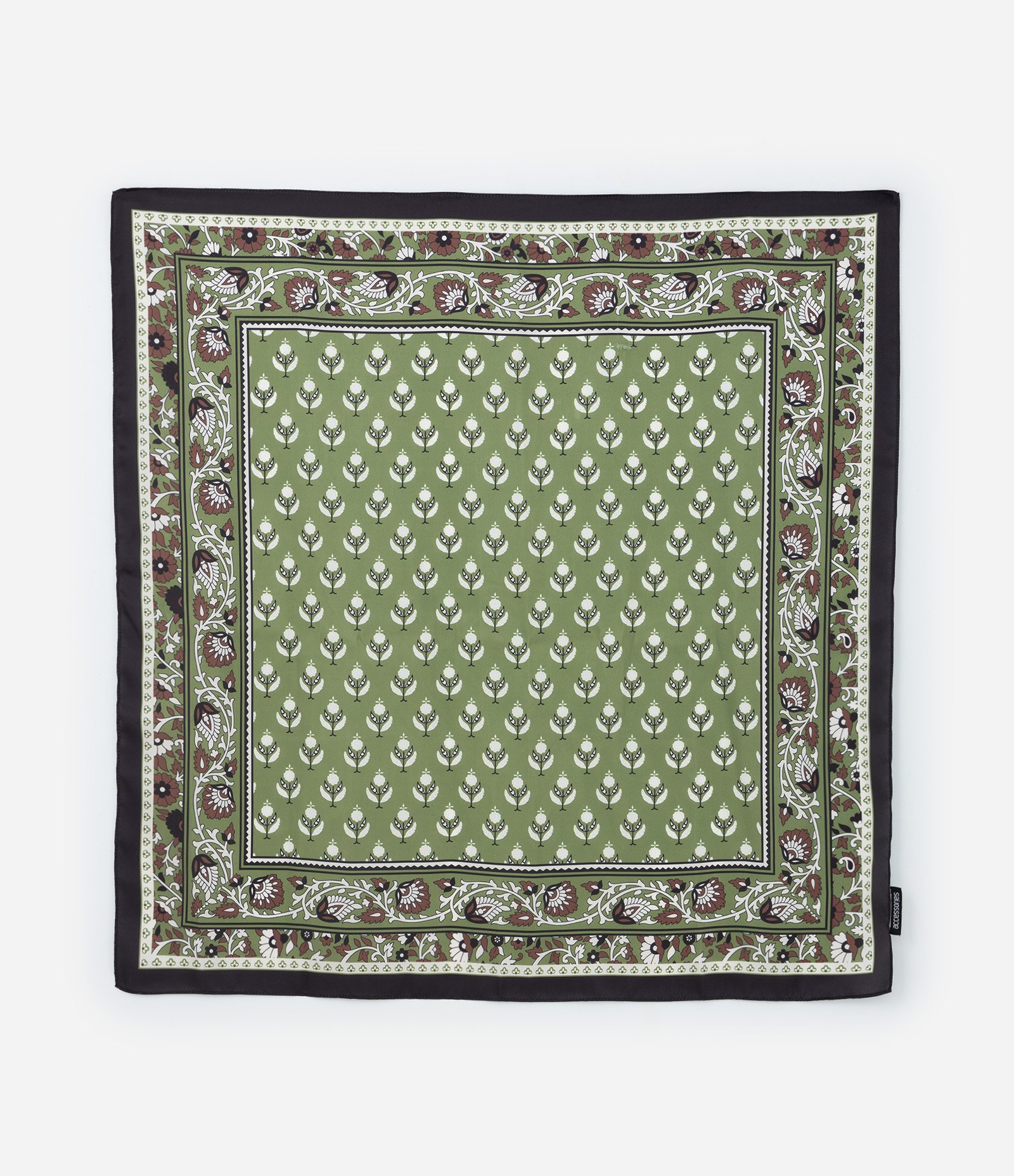 Lenço Quadrado Acetinado com Estampa Floral Verde 2