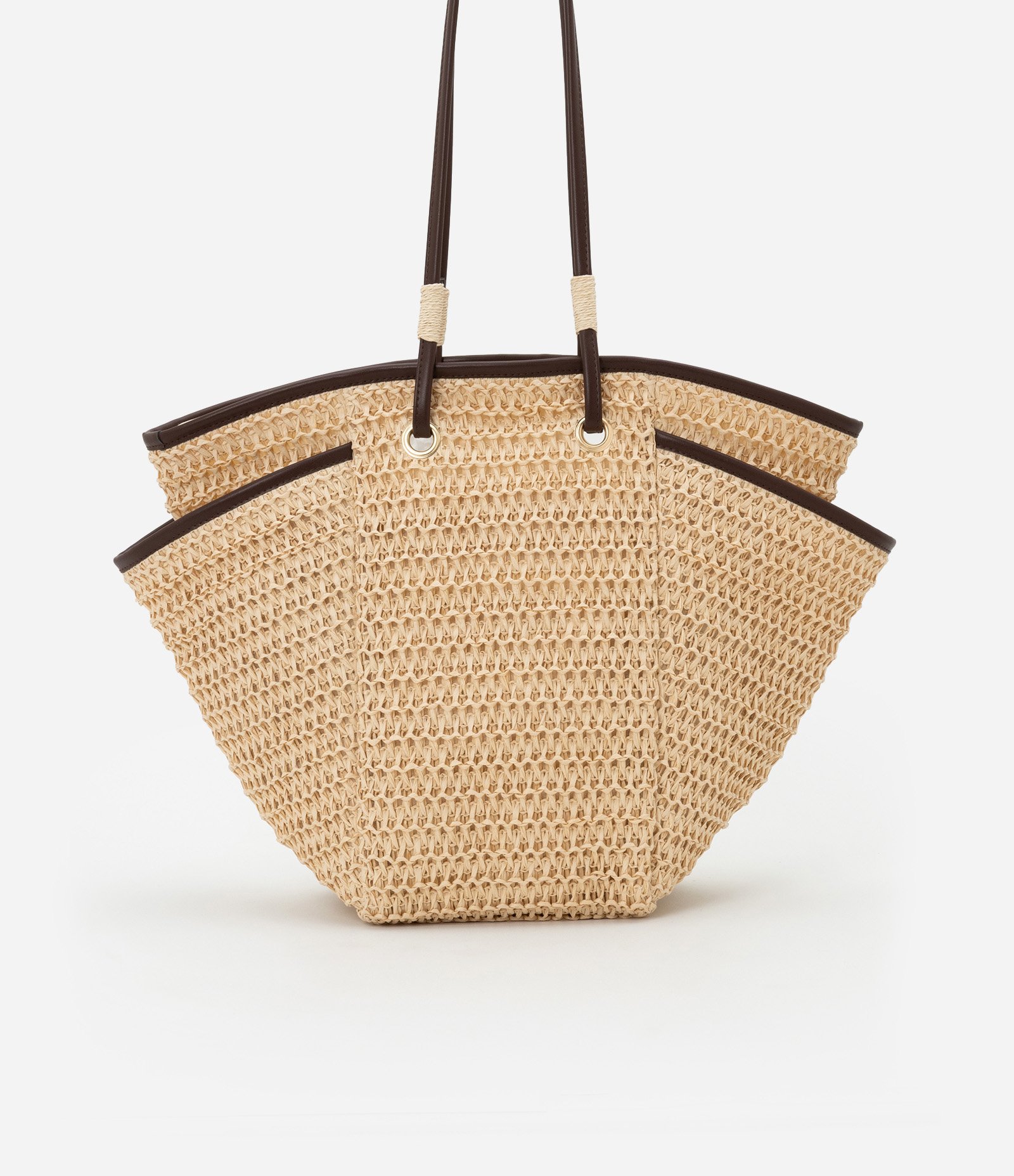 Bolsa de Praia em Palha Natural com Alça de PU e Bolsos Laterais Bege 7