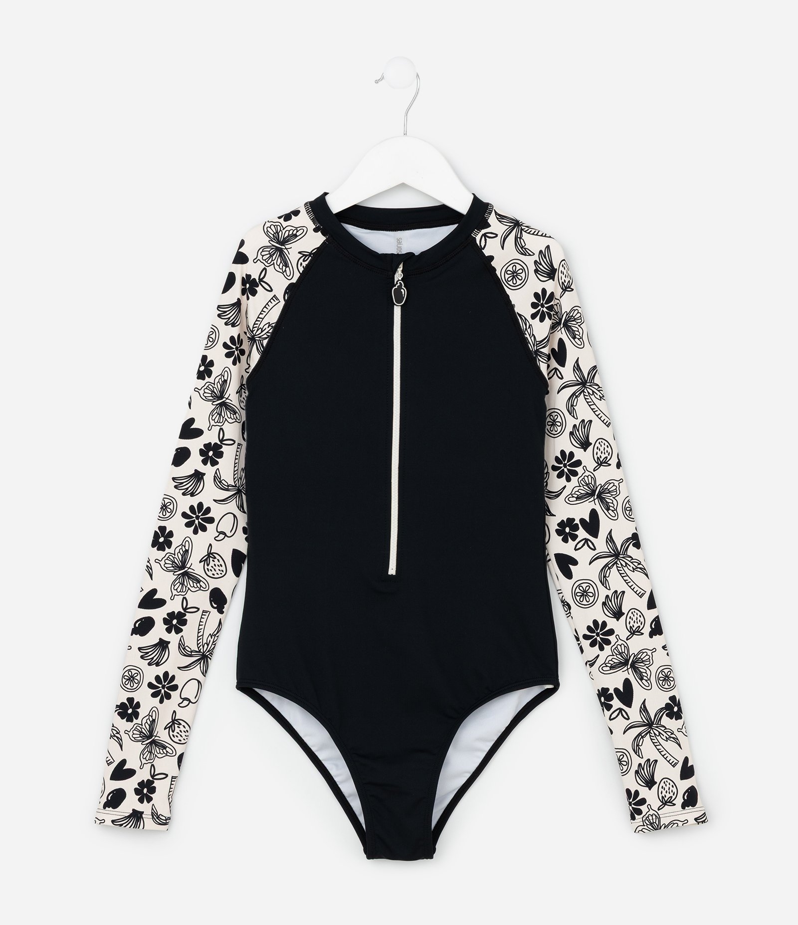 Maiô Infantil com Proteção UV  e Mangas Estampadas - Tam 5 a 14 Anos Preto 1