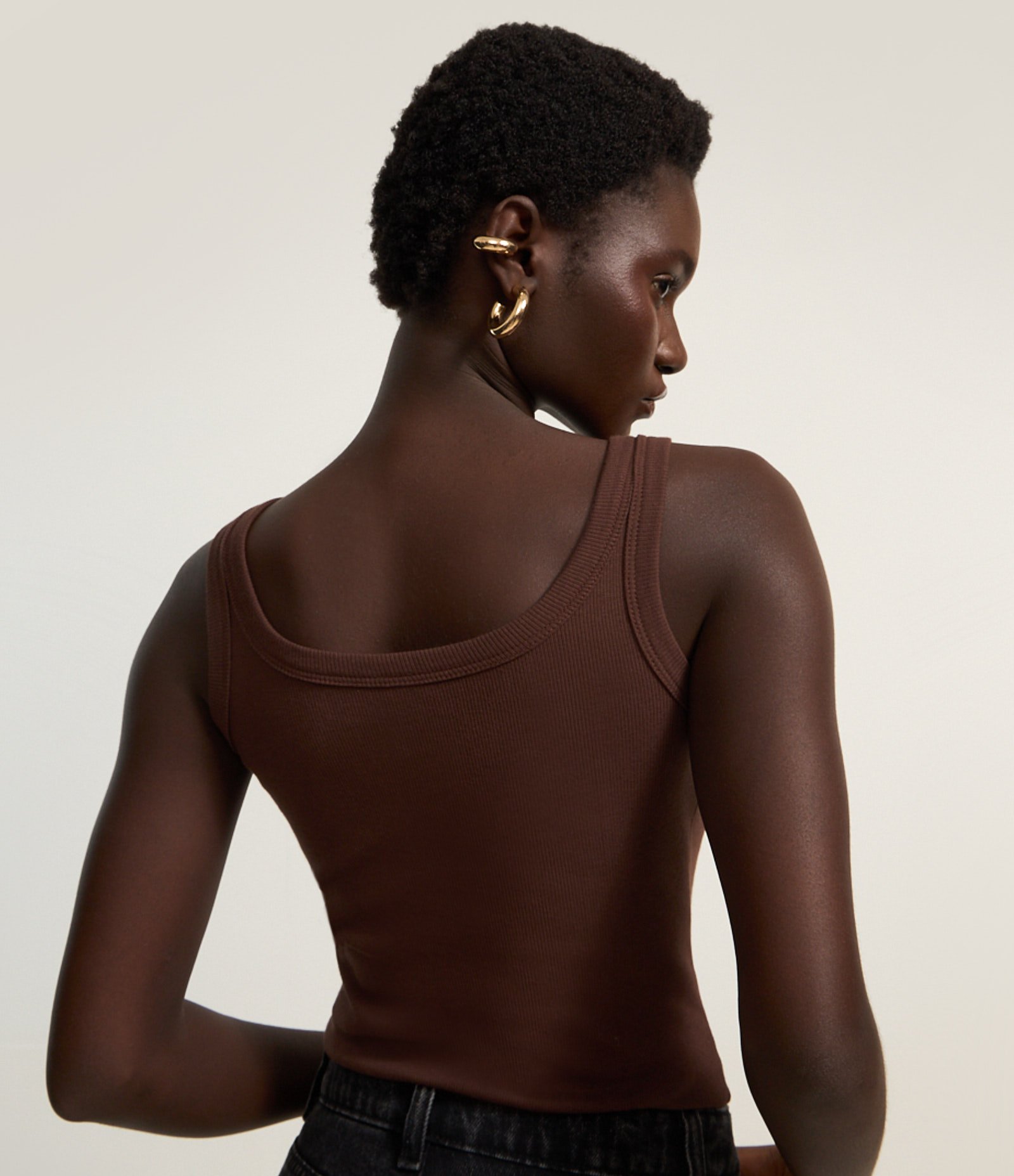 Body em Ribana Sem Manga com Viés Transpassado Marrom 3