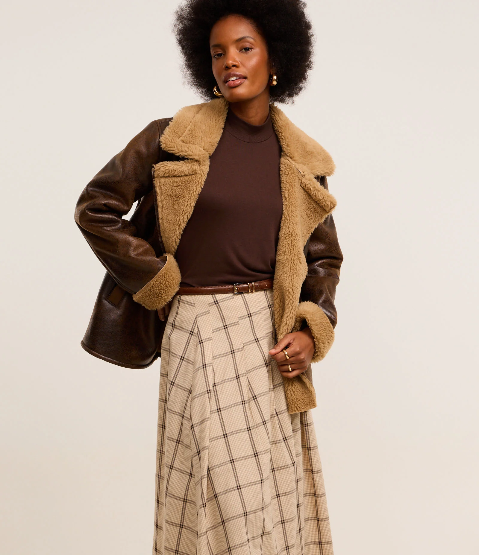 Saia Evasê Longa em Cambraia Xadrez com Pregas Bege 2