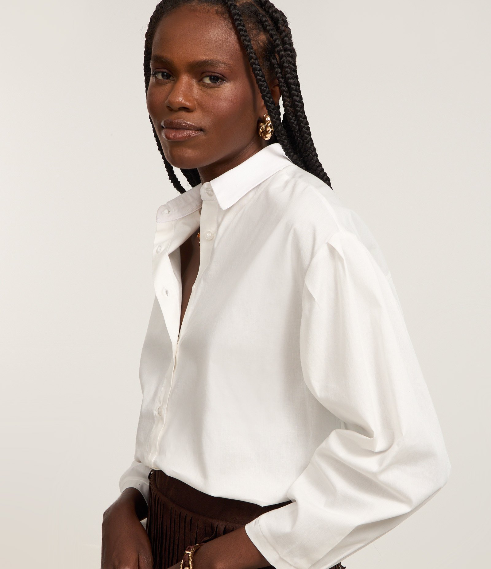 Camisa em Tricoline com Pregas nas Mangas Branco 3