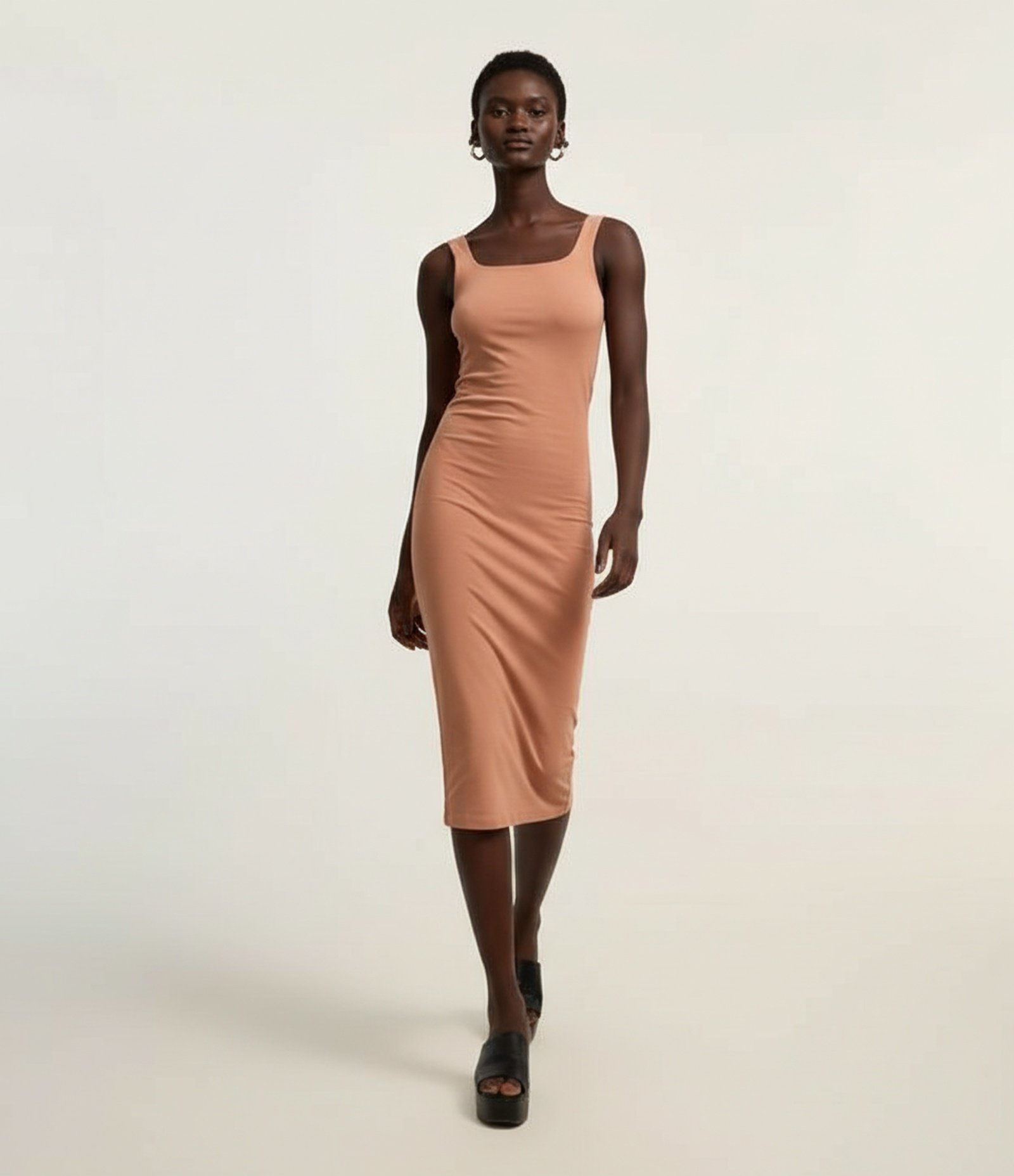 Vestido Midi em Algodão com Decote Quadrado Marrom 3