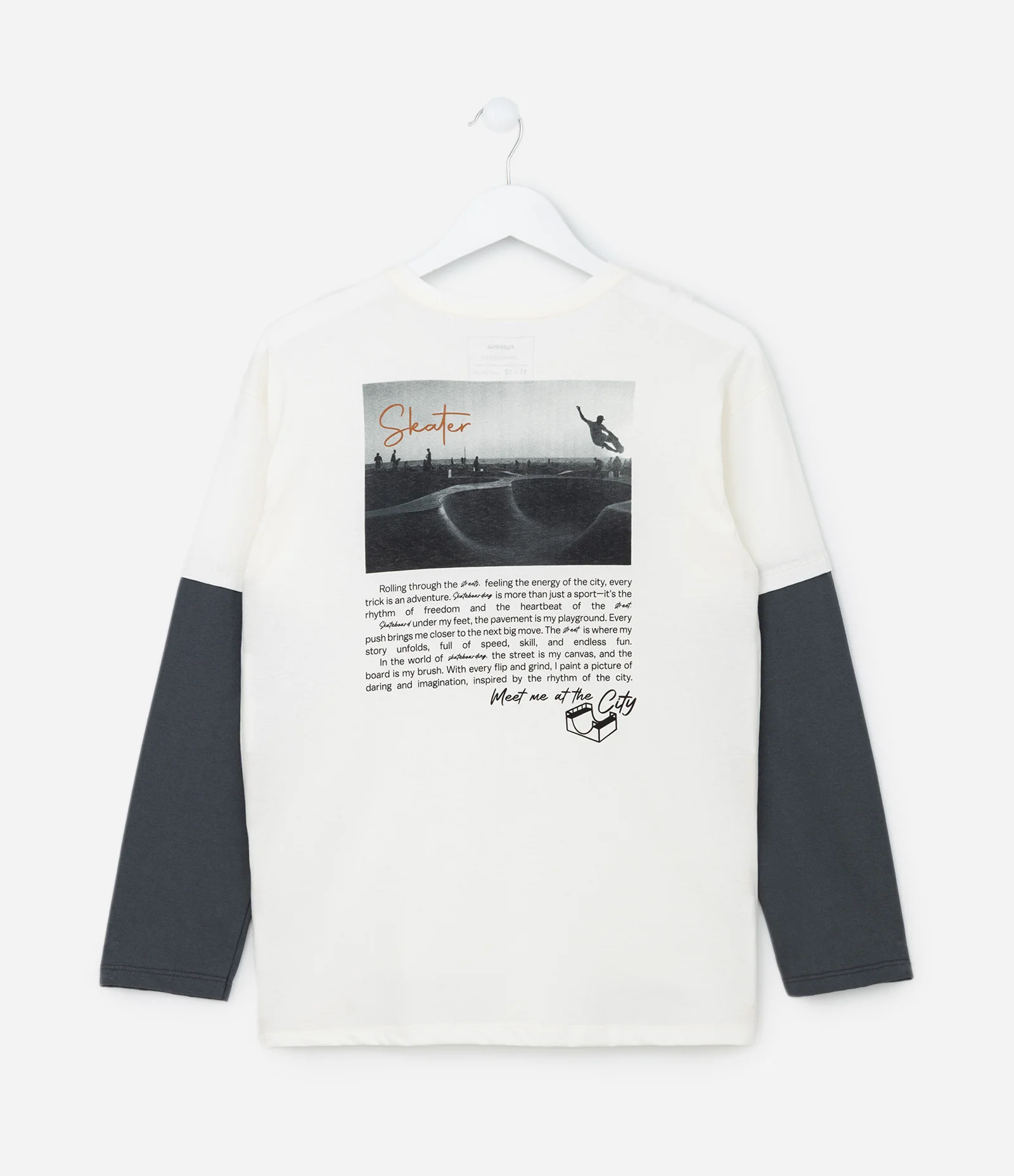 Camiseta Infantil com Estampa Frente e Costa Skater - Tam 5 a 14 Anos Branco/Cinza 2