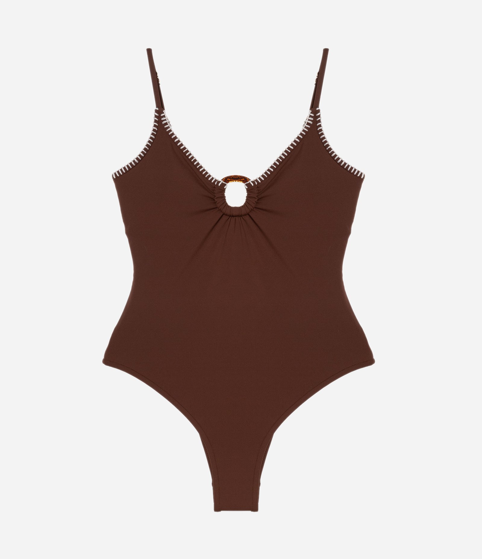 Maiô em Microfibra com Argola no Busto e Pespontos Contrastantes Marrom 5