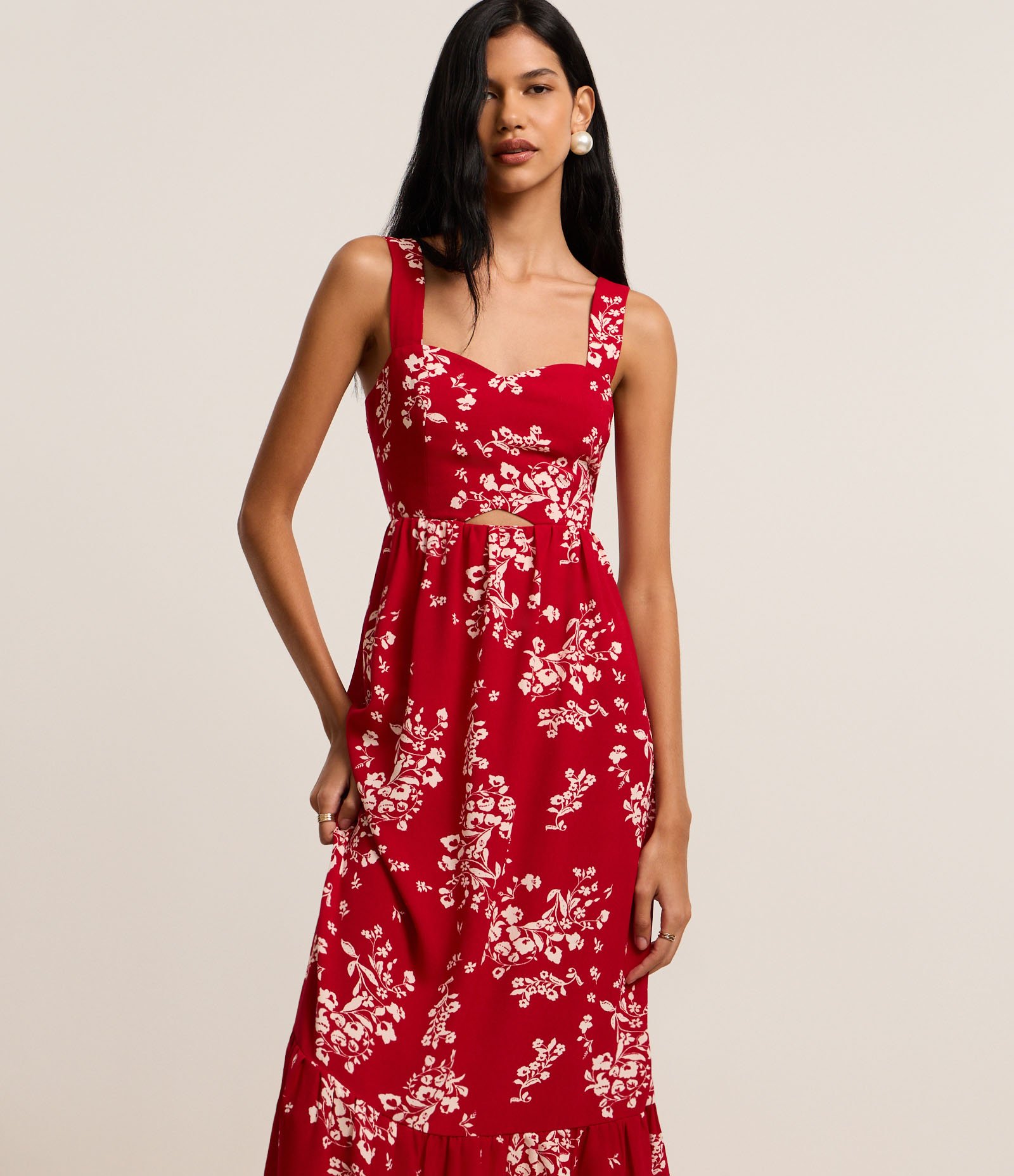 Vestido Evasê Midi em Airflow com Estampa Buquê de Flores Vermelho 1