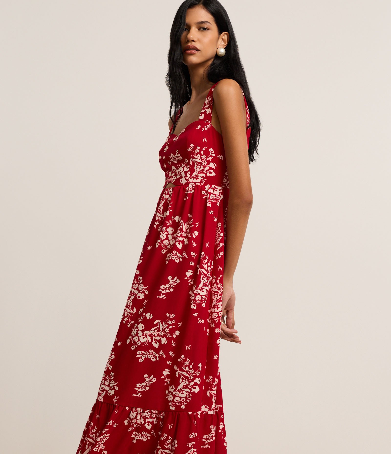 Vestido Evasê Midi em Airflow com Estampa Buquê de Flores Vermelho 4