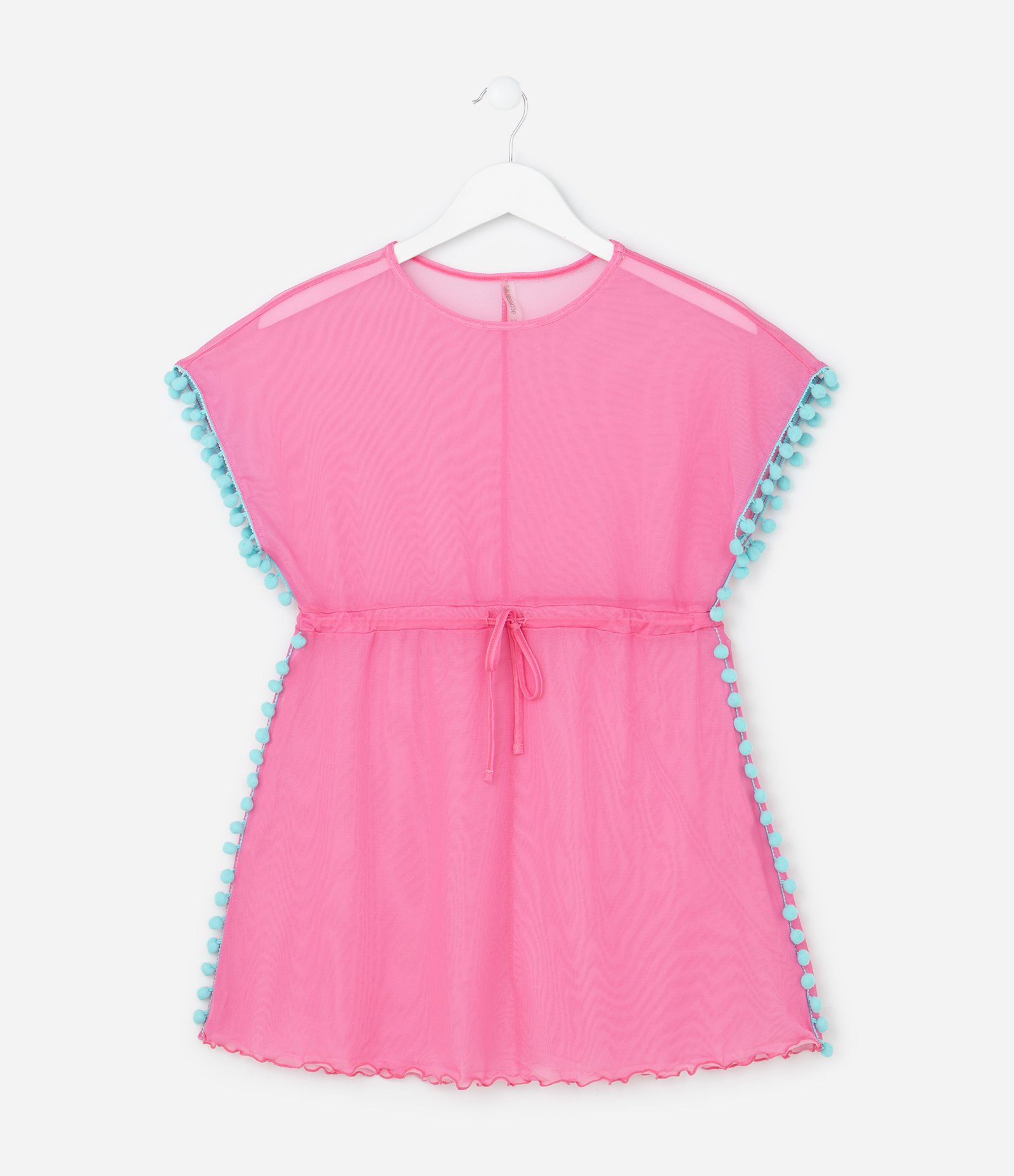 Saída de Praia Infantil em Tule com Mini Pompos - Tam 3 ao 16 Rosa 1