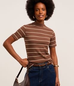 Blusa em Ribana com Golinha Média e Estampa Listrada