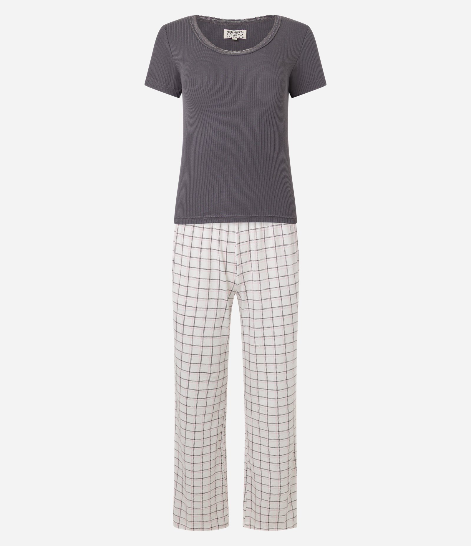 Pijama Longo com Blusa Canelada e Calça Xadrez Cinza/Branco 4