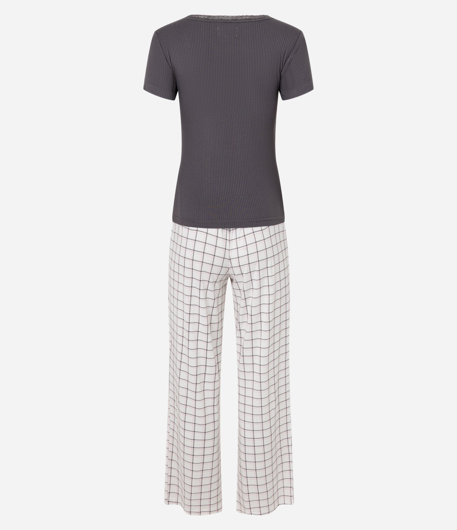 Pijama Longo com Blusa Canelada e Calça Xadrez Cinza/Branco 6