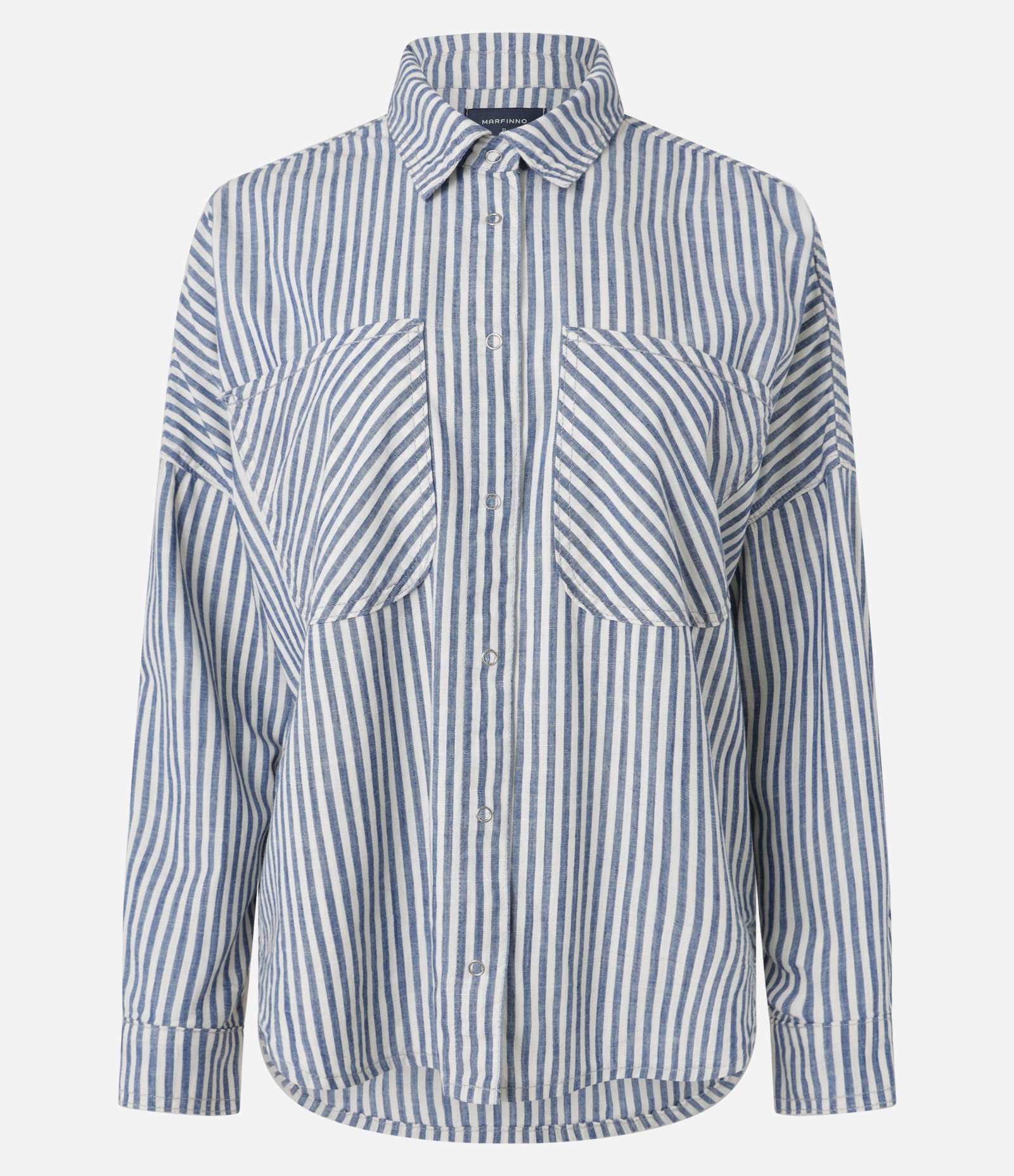 Camisa Jeans com Bolsos e Estampa de Listras Branco/Azul 5