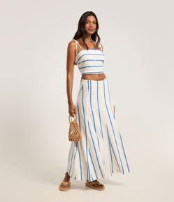 Saia New Midi em Viscose e Linho com Listras