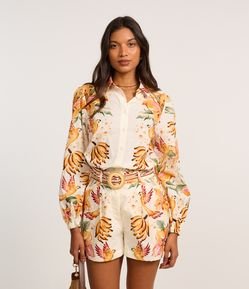 Camisa Alongada em Cambraia com Estampa Tropical