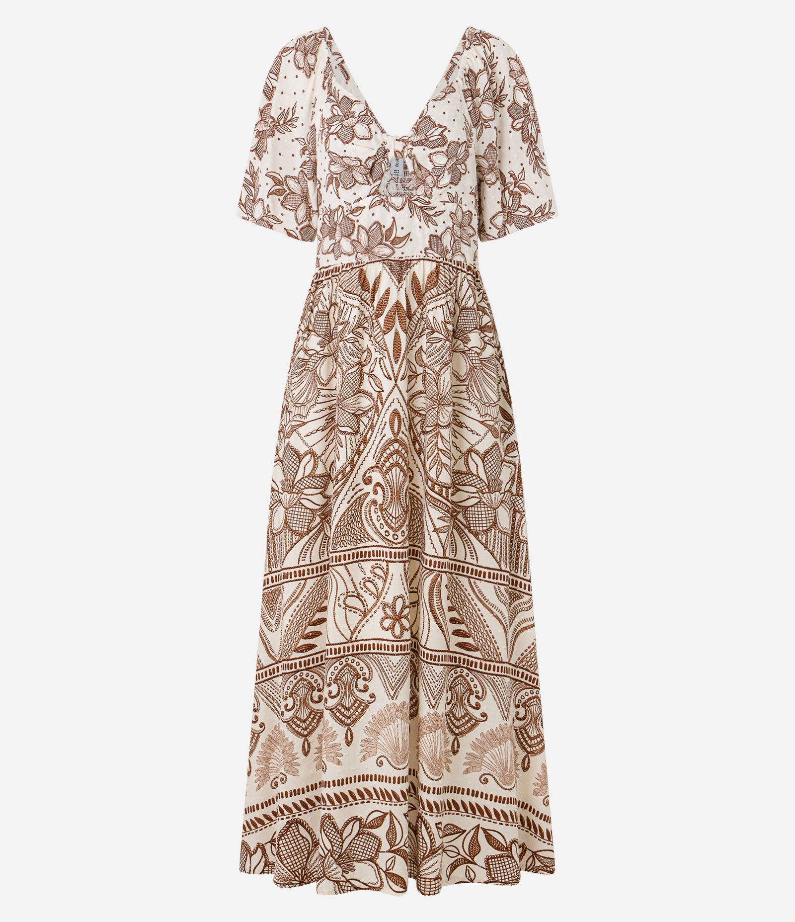 Vestido Evasê New Midi em Viscose Floral e Recorte Vazado no Busto Bege 6