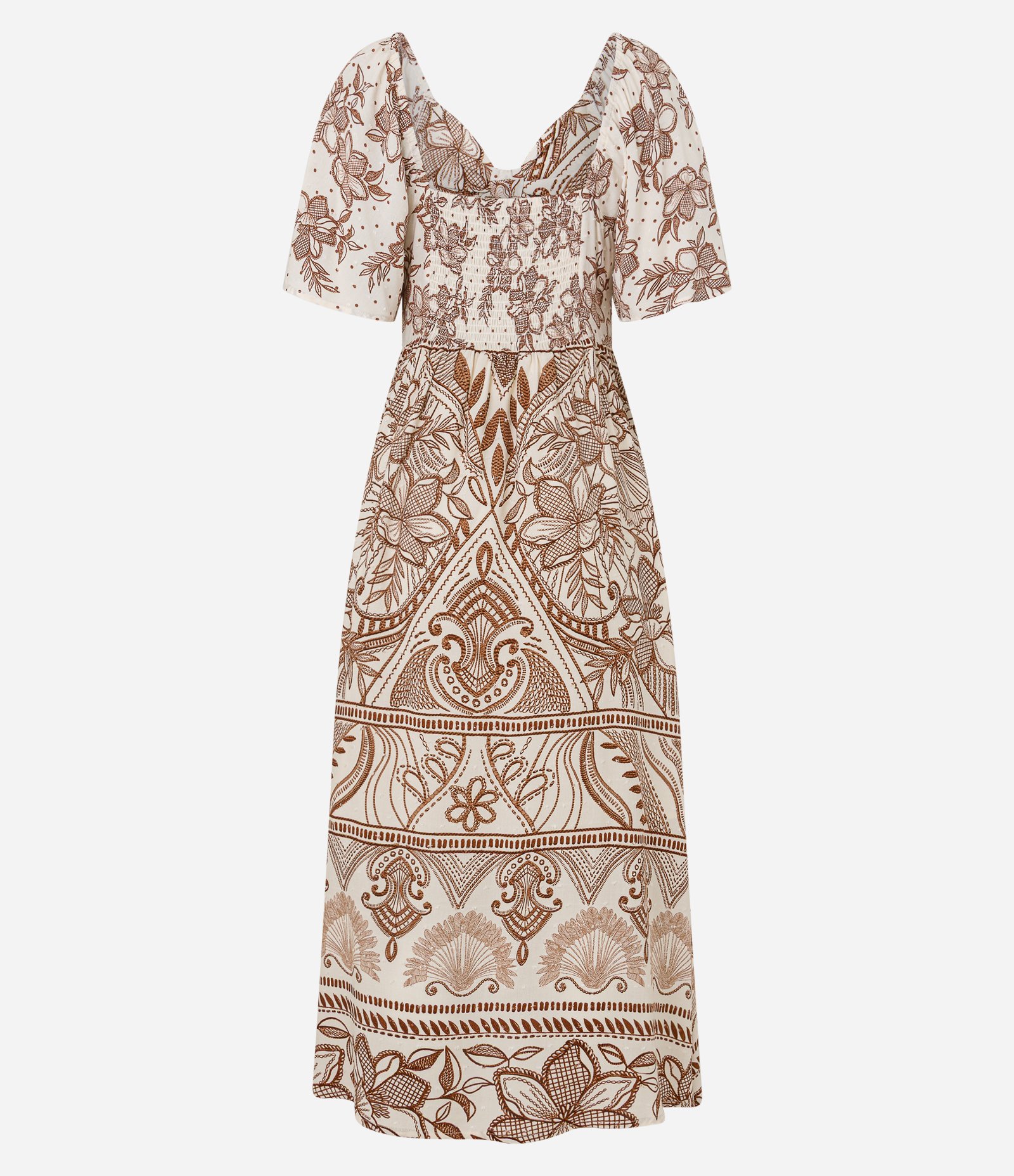 Vestido Evasê New Midi em Viscose Floral e Recorte Vazado no Busto Bege 7