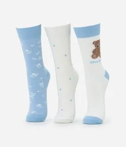 Kit 03 Meias Cano Alto em Algodão com Estampa Ursinho