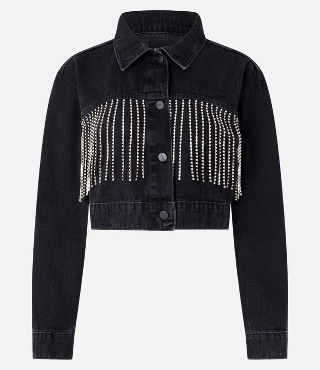 Jaqueta Cropped em Jeans com Franjas de Strass